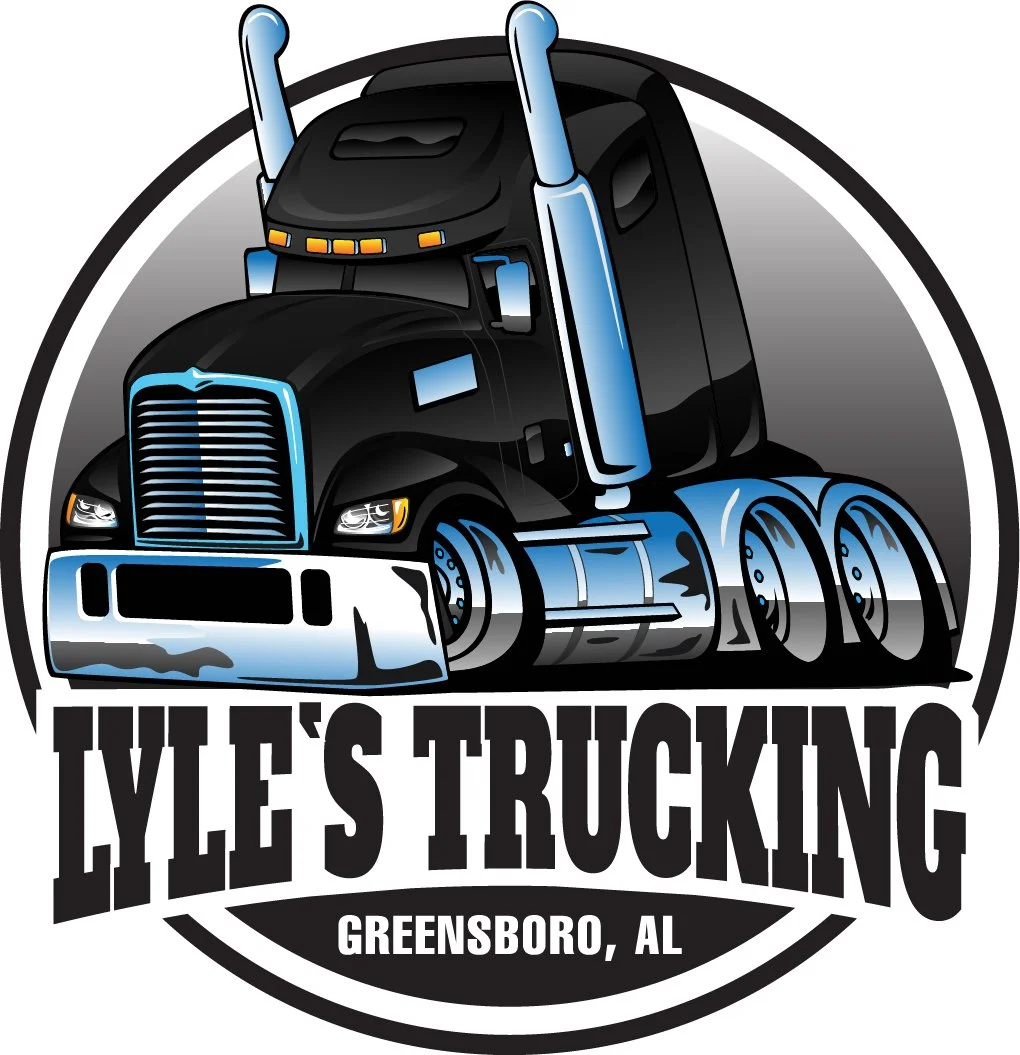 Logo for Lyle's Trucking featuring a black semi-truck with blue accents and a snow plow, with the text "Lyle's Trucking" and "Greensboro, AL".