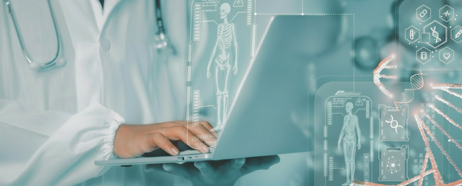 Medical professional using a laptop with holographic medical and genetic data overlays, including a human skeleton, DNA strand, and health icons.