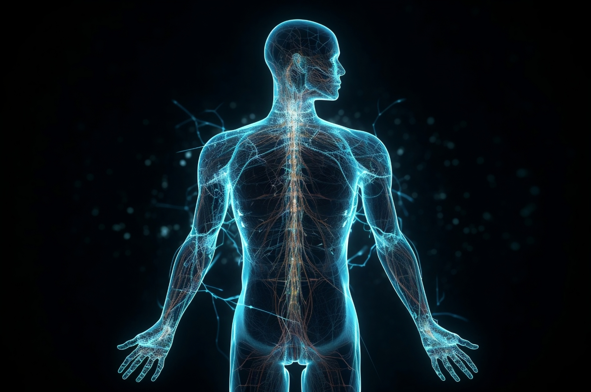 Digital illustration of a human body with neural network highlighting nerves and brain.