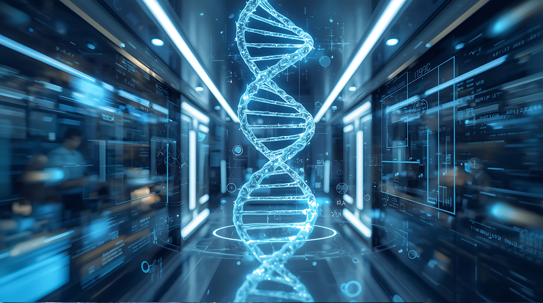 A digital illustration of a glowing DNA double helix floating in a futuristic, high-tech data center with holographic interfaces.