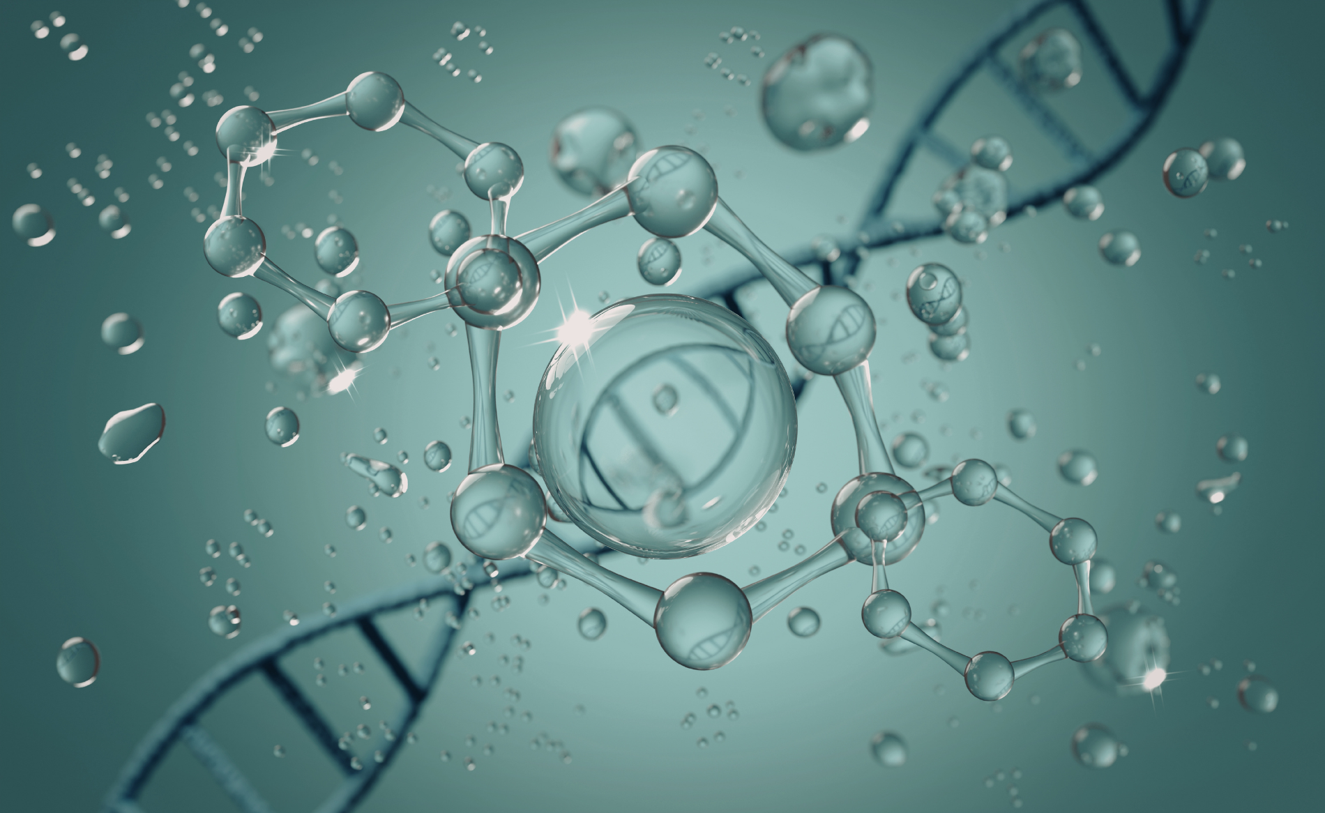 Digital illustration of a DNA double helix strand with molecular structures and a DNA molecule in the foreground.