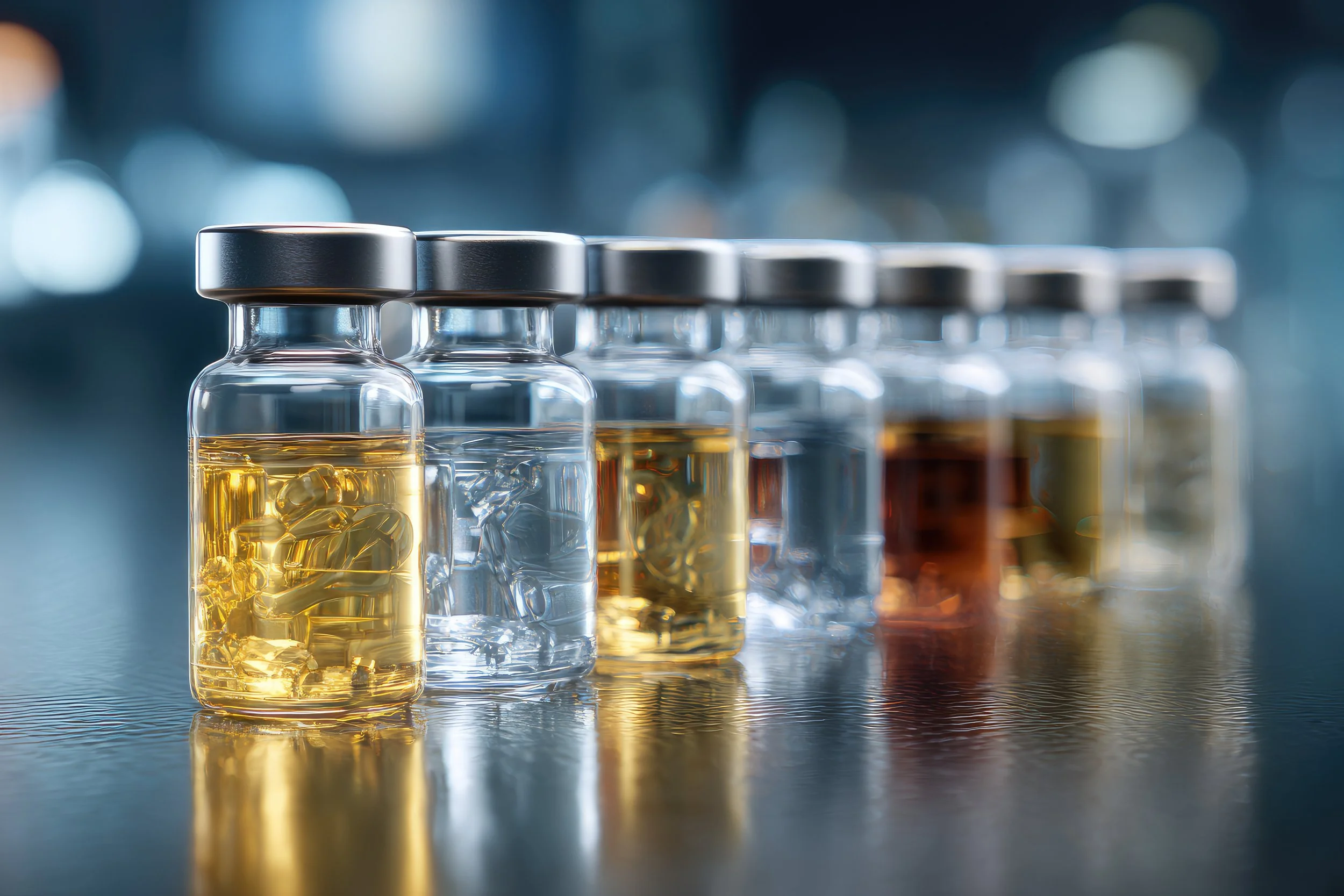 A row of clear glass vials with metallic caps, filled with different colored liquids, placed on a reflective surface with a blurred background of blue and white lights.