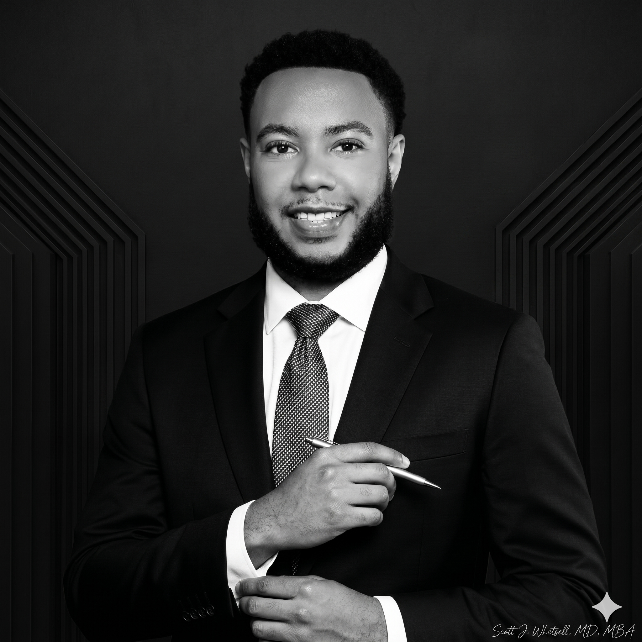 Black and white portrait of a smiling man in a suit, holding a pen, with one hand on his chest and the other holding the pen. The image includes geometric patterns on the sides and a signature at the bottom right corner.
