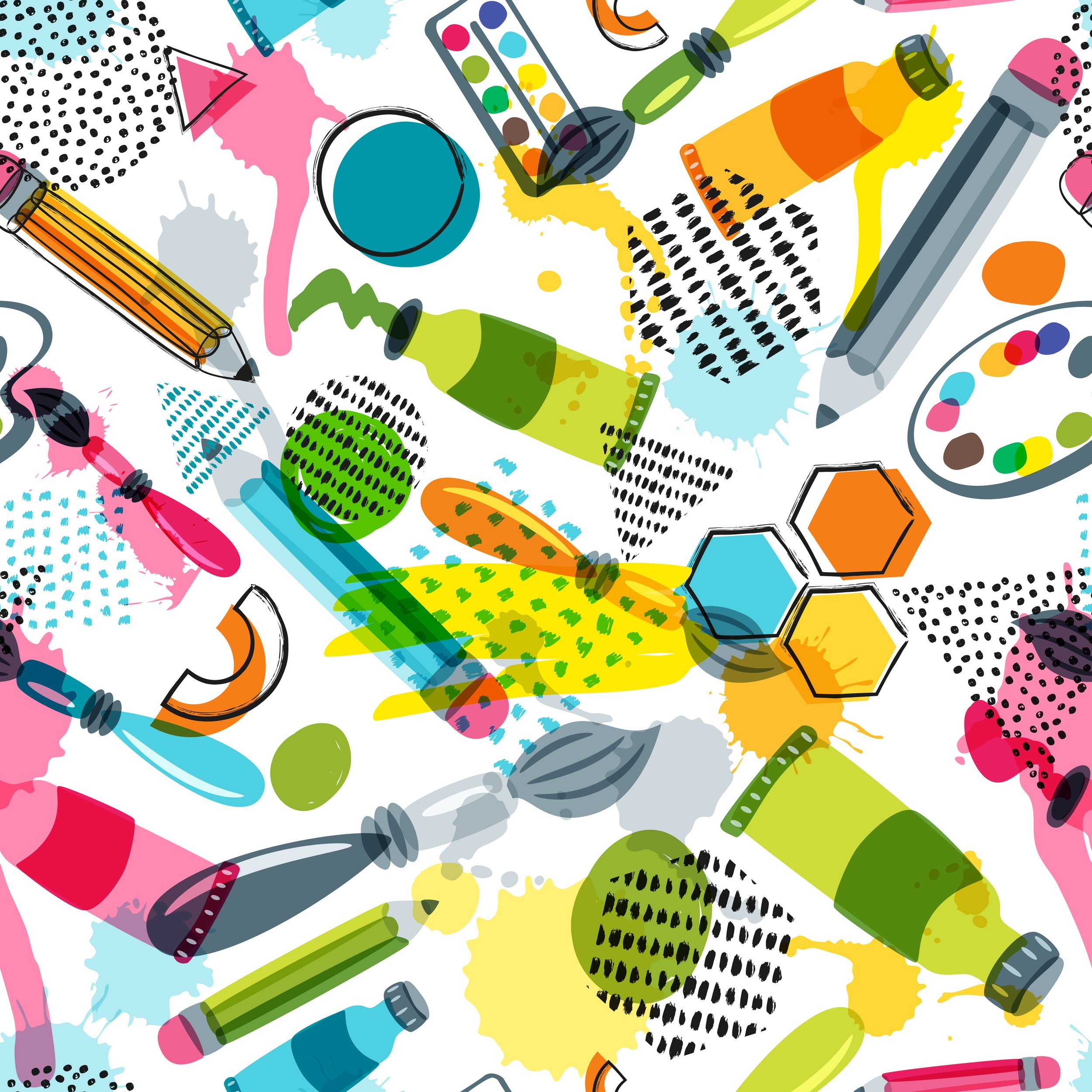 Colorful abstract drawing with various art supplies including markers, paint palettes, brushes, and splashes of paint in bright colors.