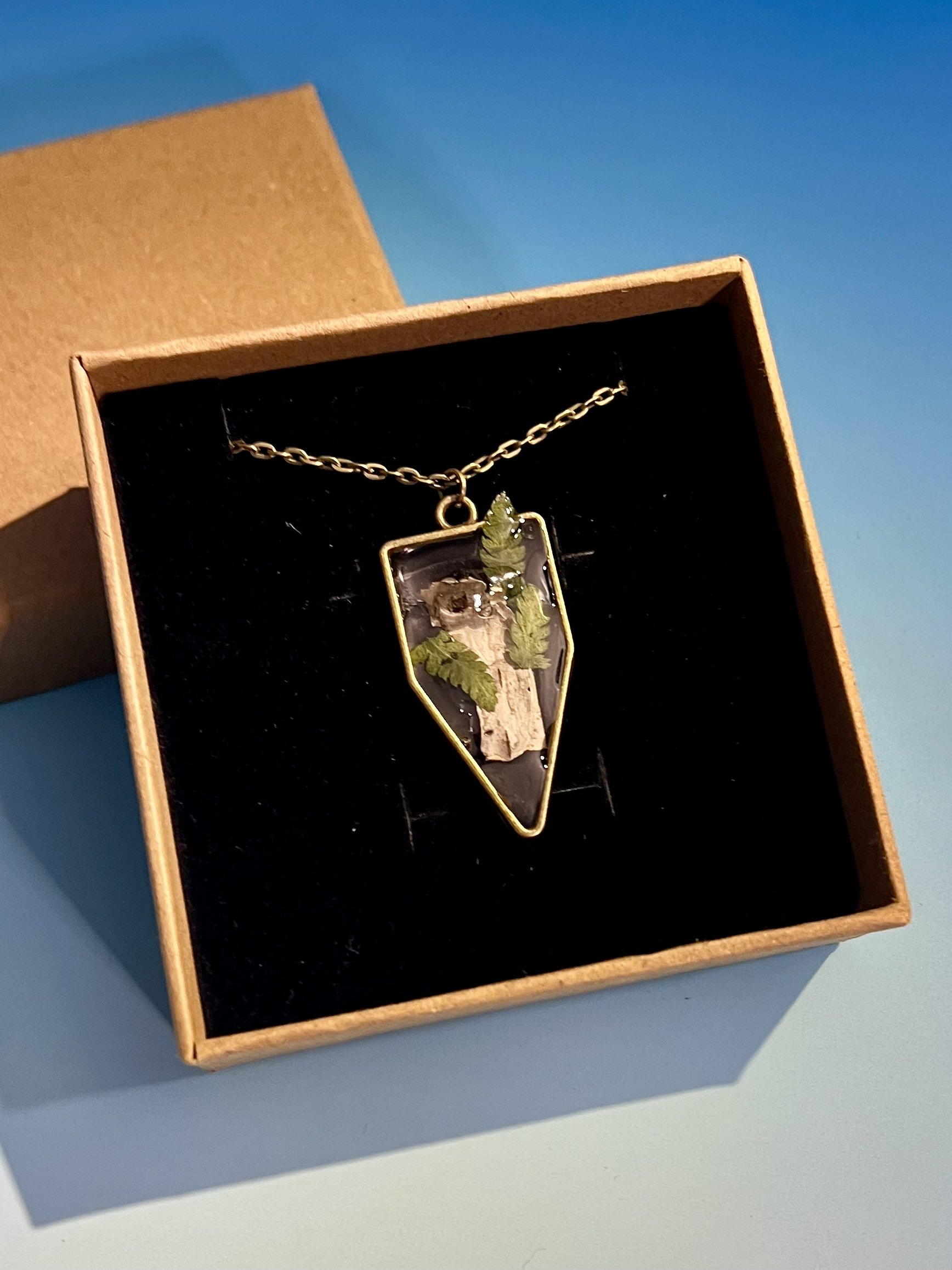 Birch Bark and Ferns in Ice Necklace, Handcrafted Real Nature Pendant