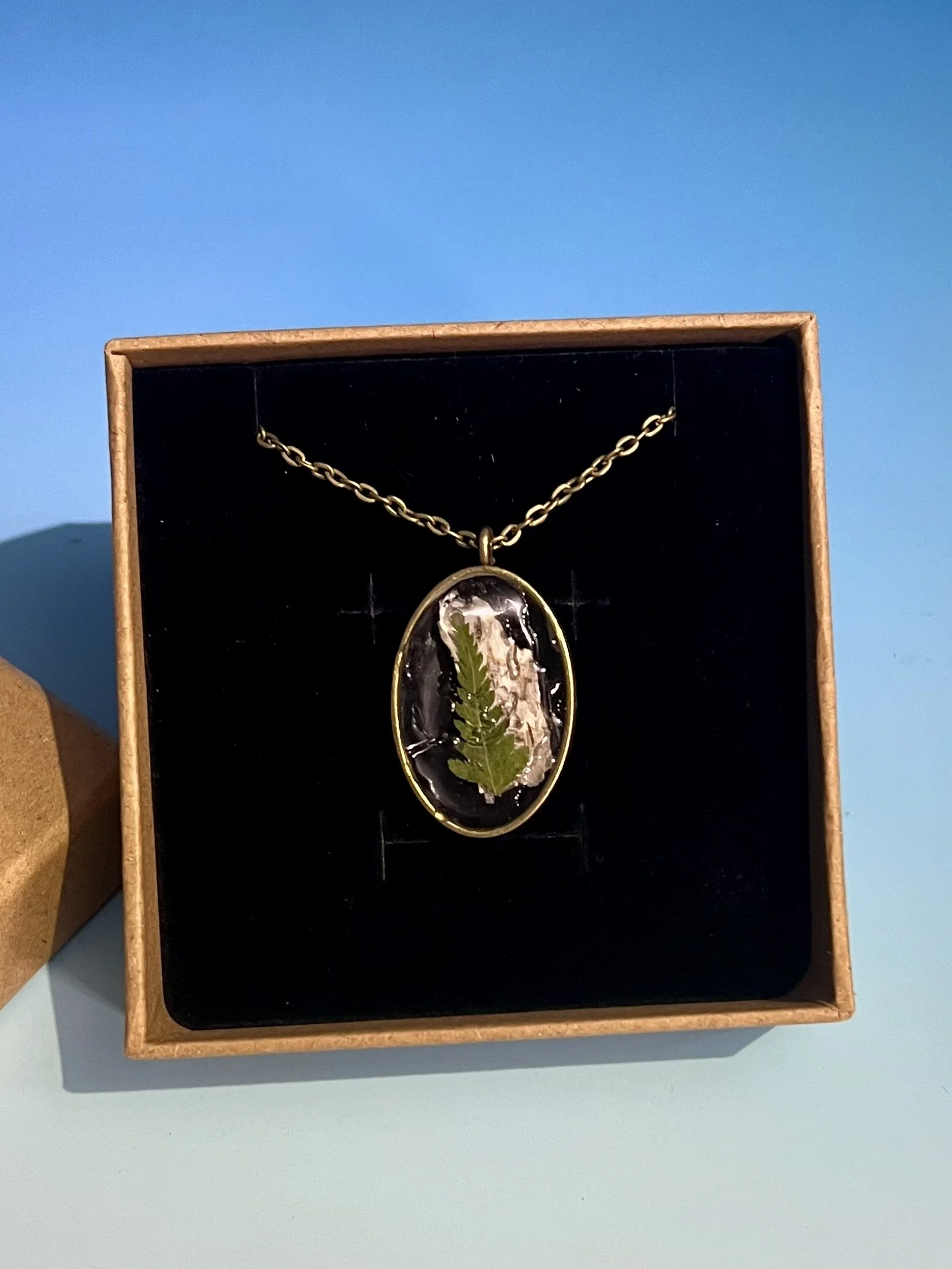 Birch Bark and Ferns in Ice Necklace, Handcrafted Real Nature Pendant