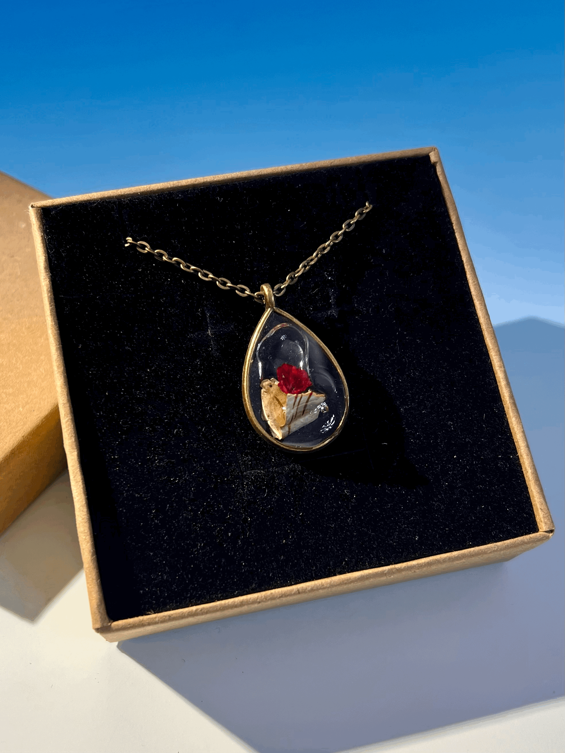 Birch Bark Necklace with Red Flower, Handcrafted Real Nature Pendant