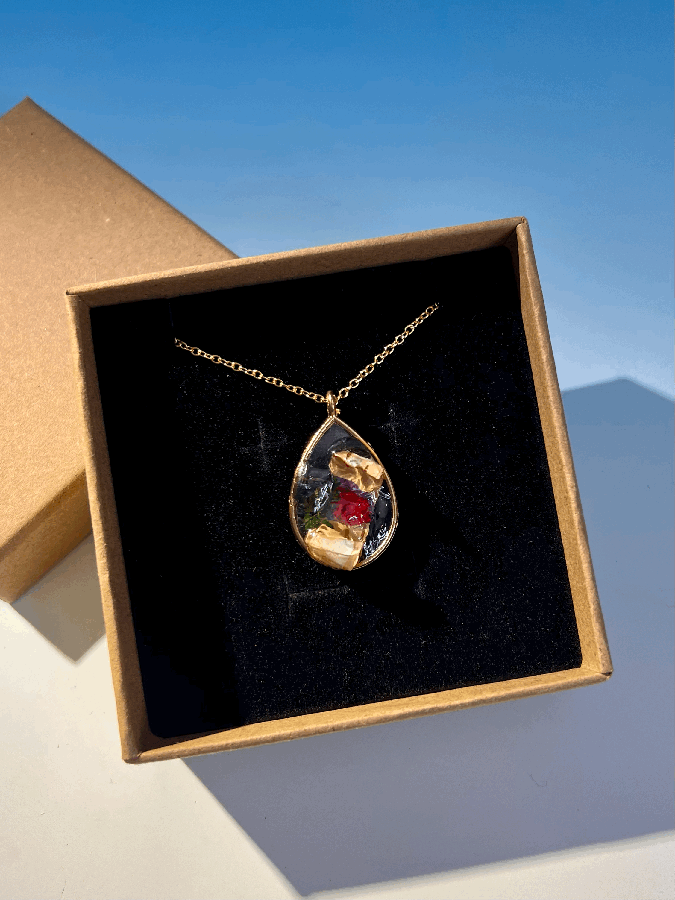 Birch Bark Necklace with Red Flower, Handcrafted Real Nature Pendant