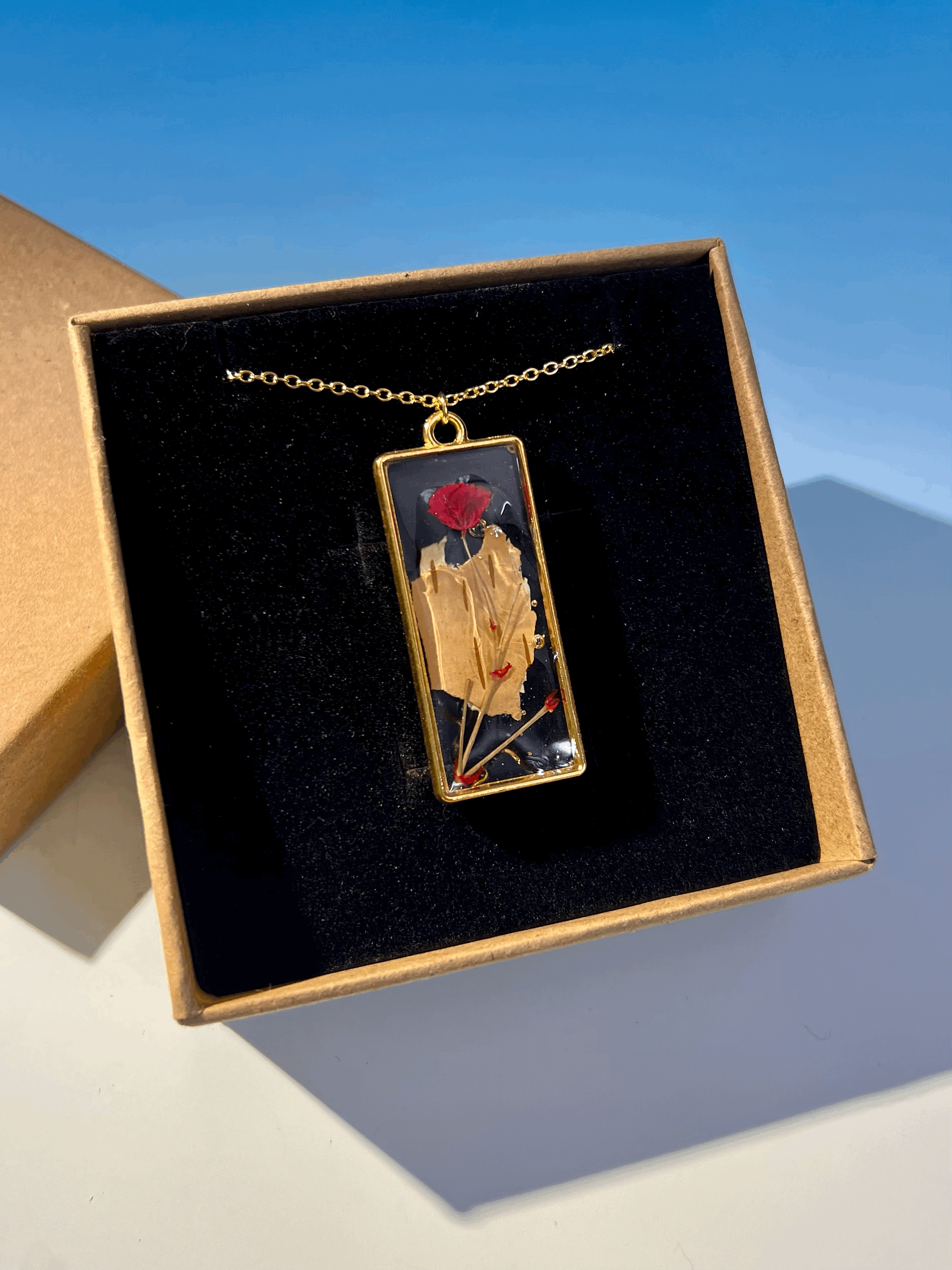 Birch Bark Necklace with Red Flower, Handcrafted Real Nature Pendant