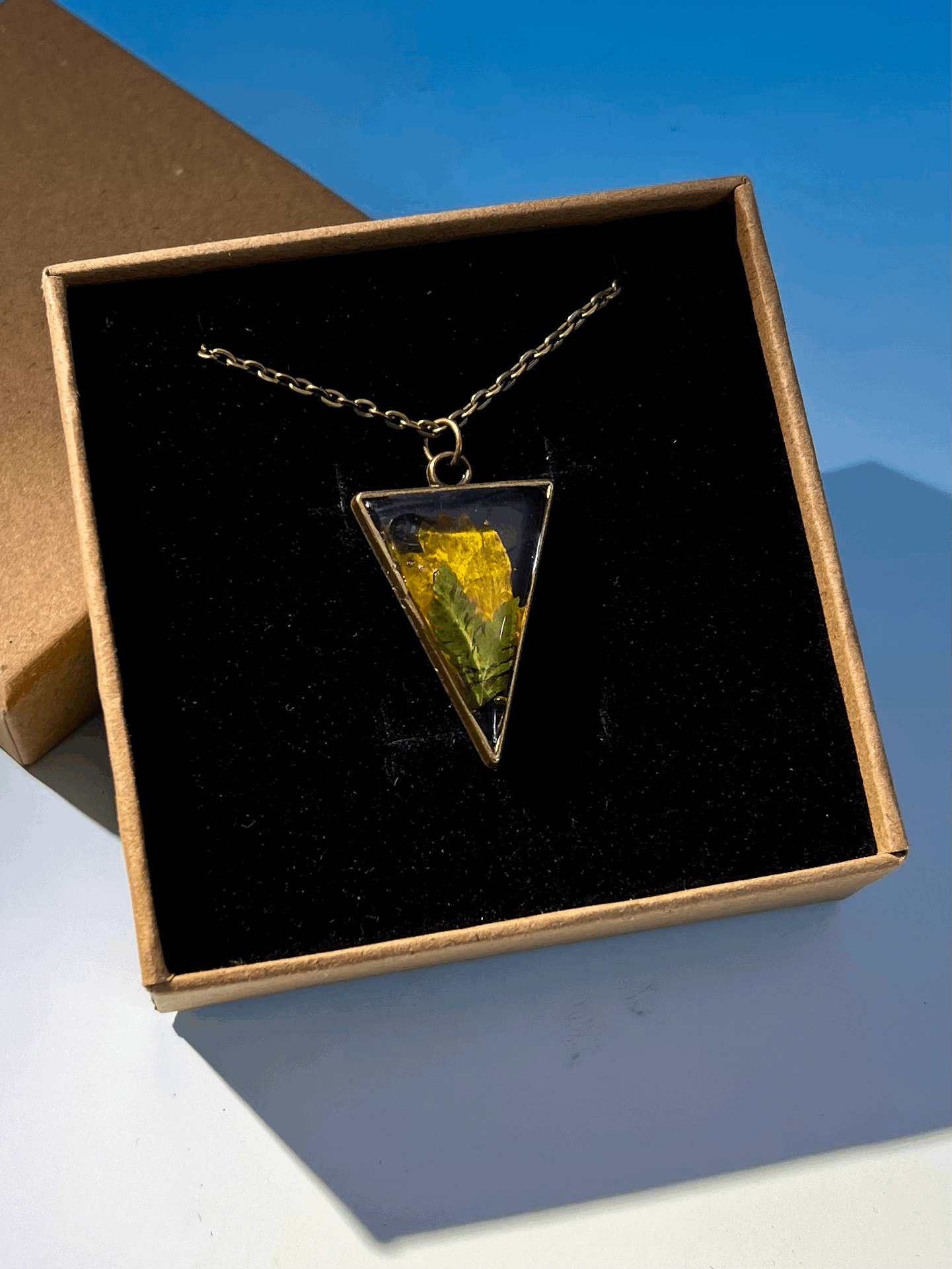 Ferns and Yellow Petals Necklace, Handcrafted Real Nature Pendant