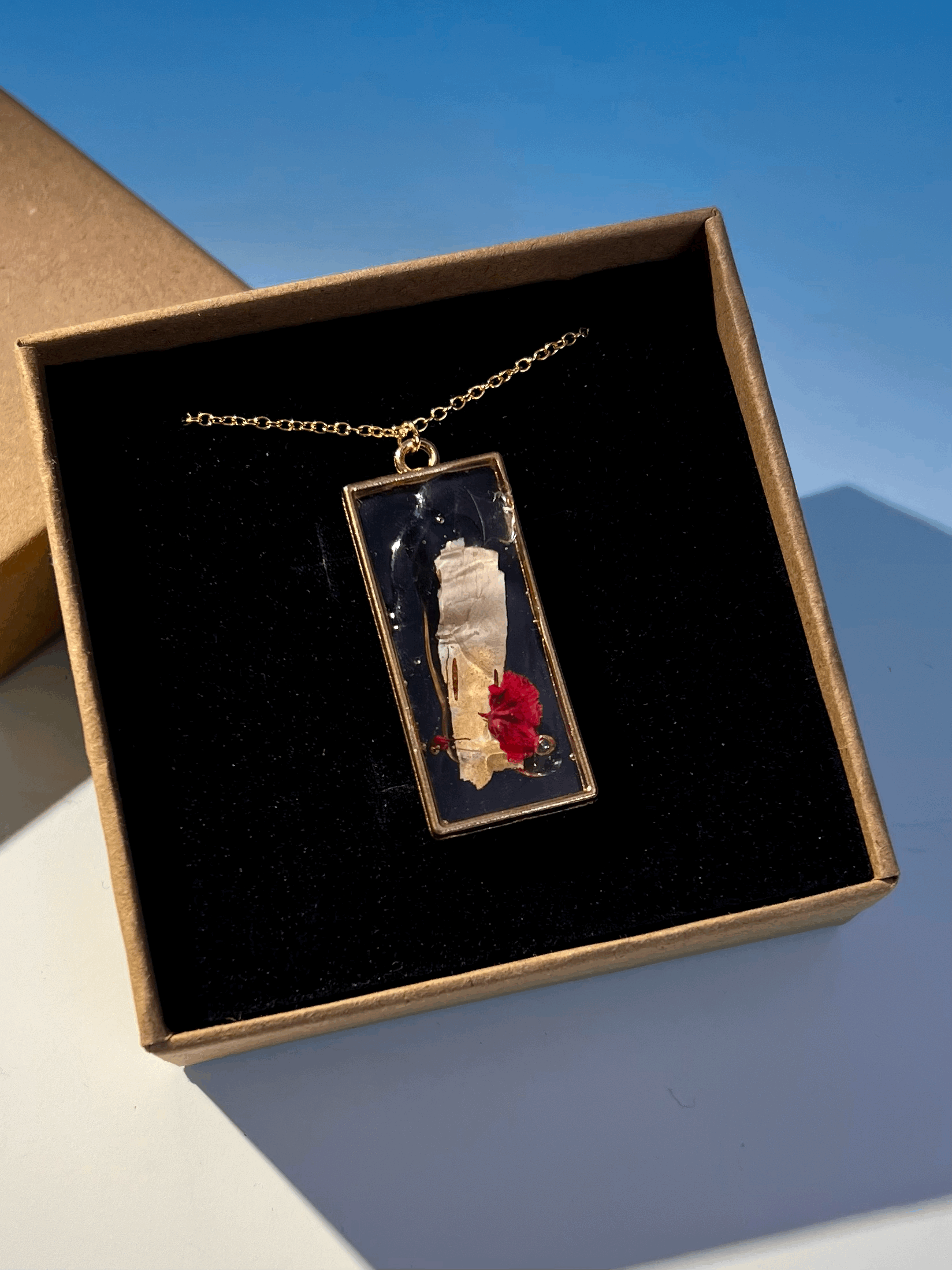 Birch Bark Necklace with Red Flower, Handcrafted Real Nature Pendant