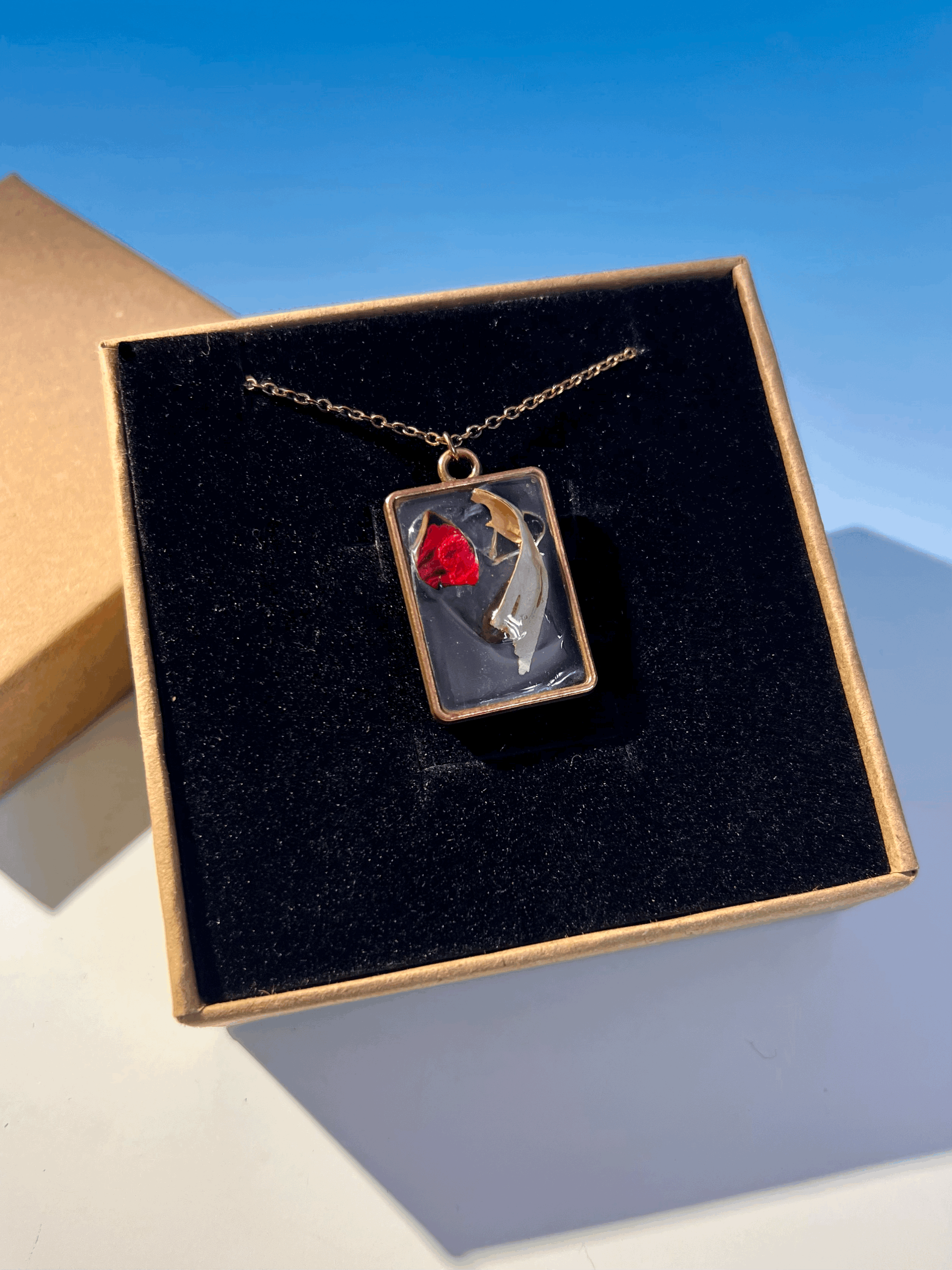 Birch Bark Necklace with Red Flower, Handcrafted Real Nature Pendant