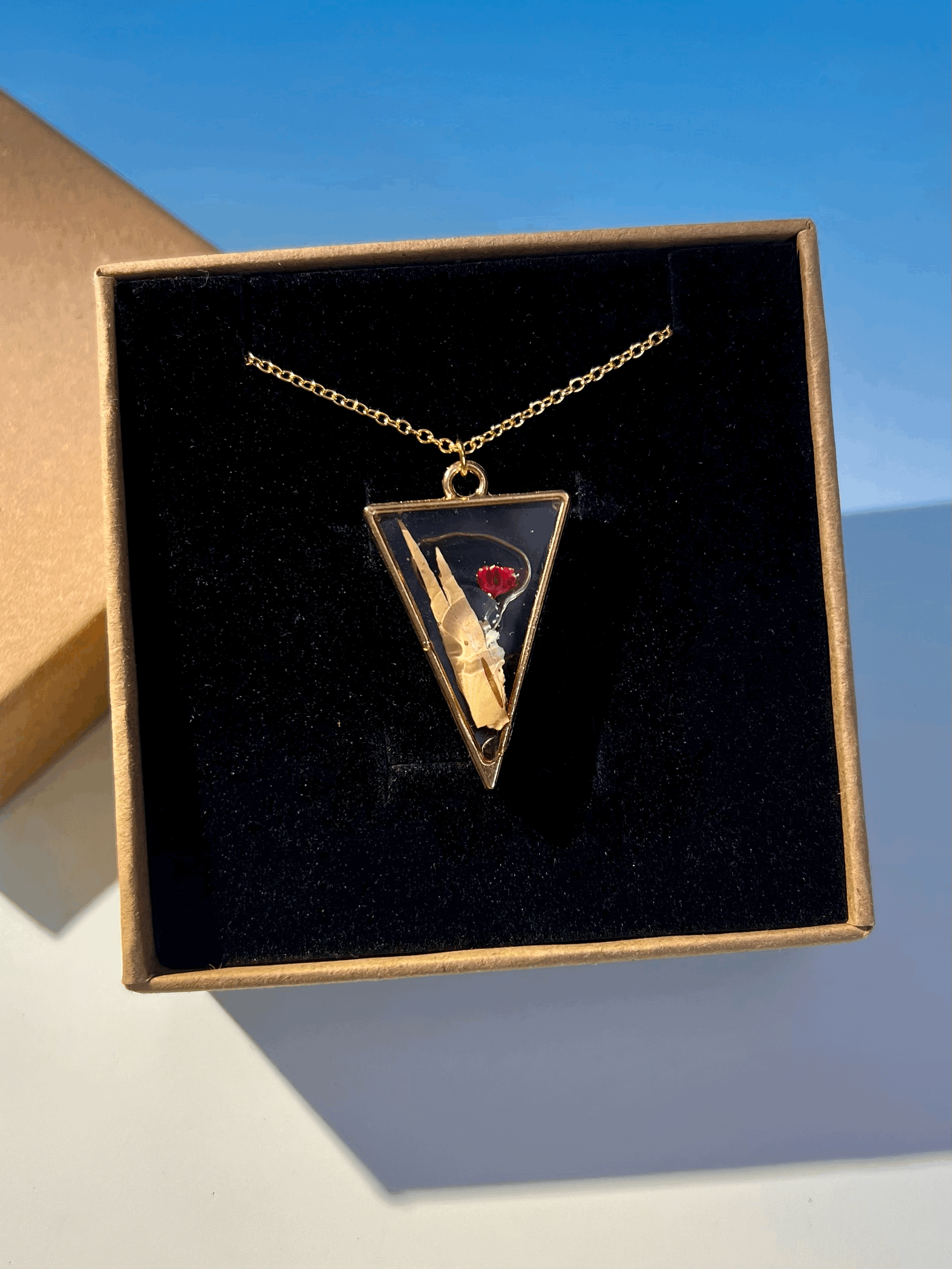 Birch Bark Necklace with Red Flower, Handcrafted Real Nature Pendant
