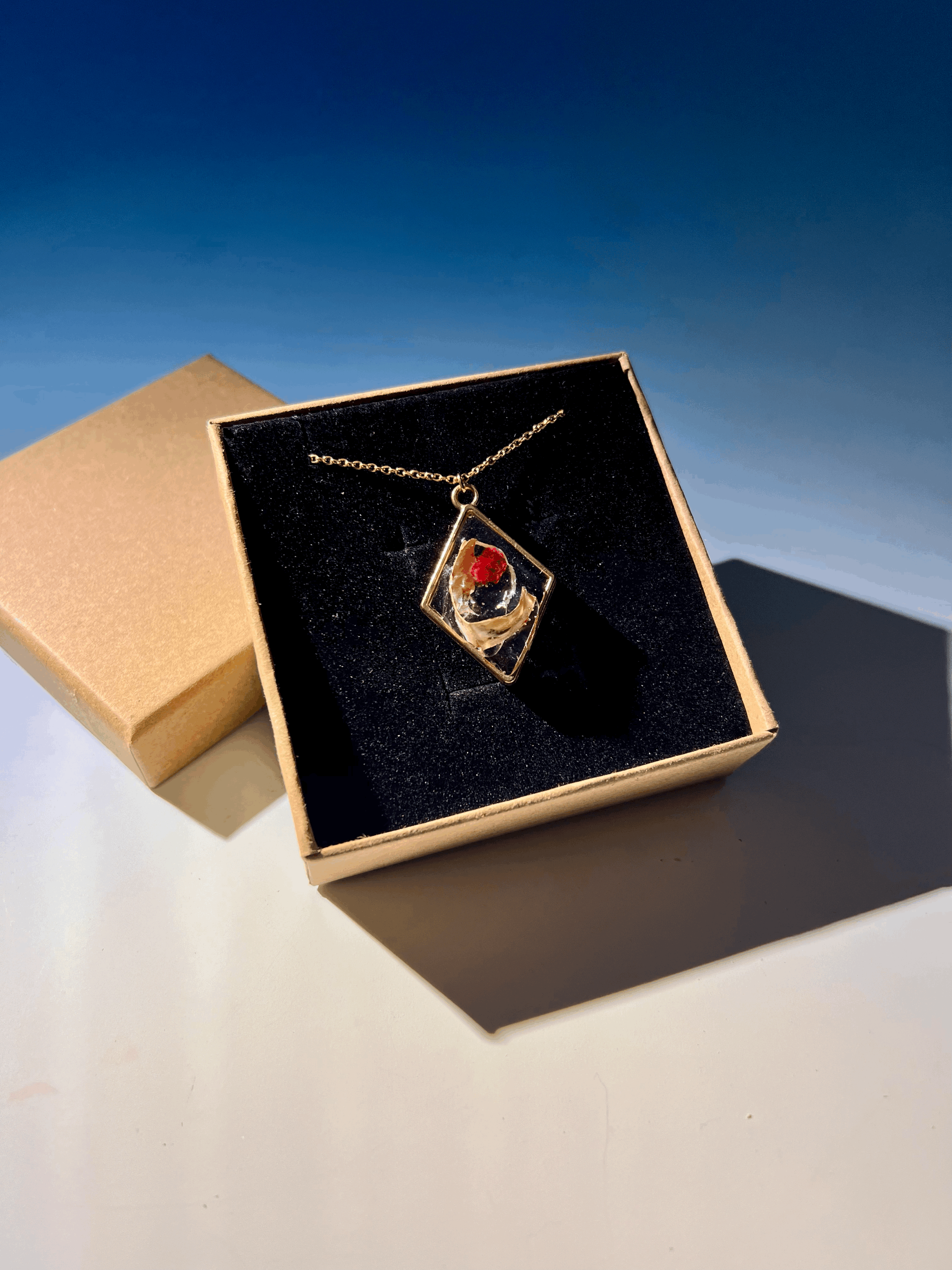 Birch Bark Necklace with Red Flower, Handcrafted Real Nature Pendant