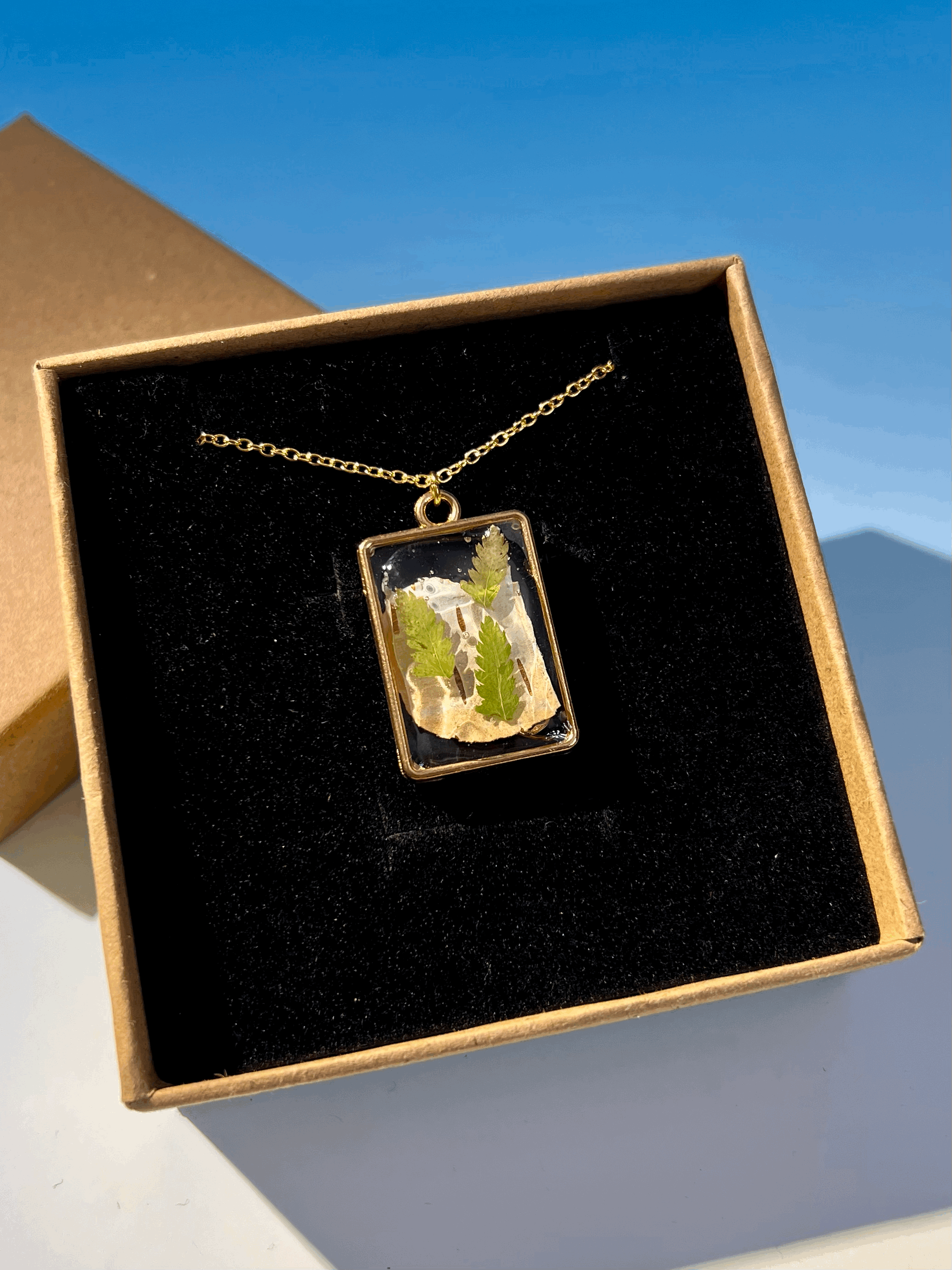 Birch Bark Necklace with Ferns, Handcrafted Real Nature Pendant
