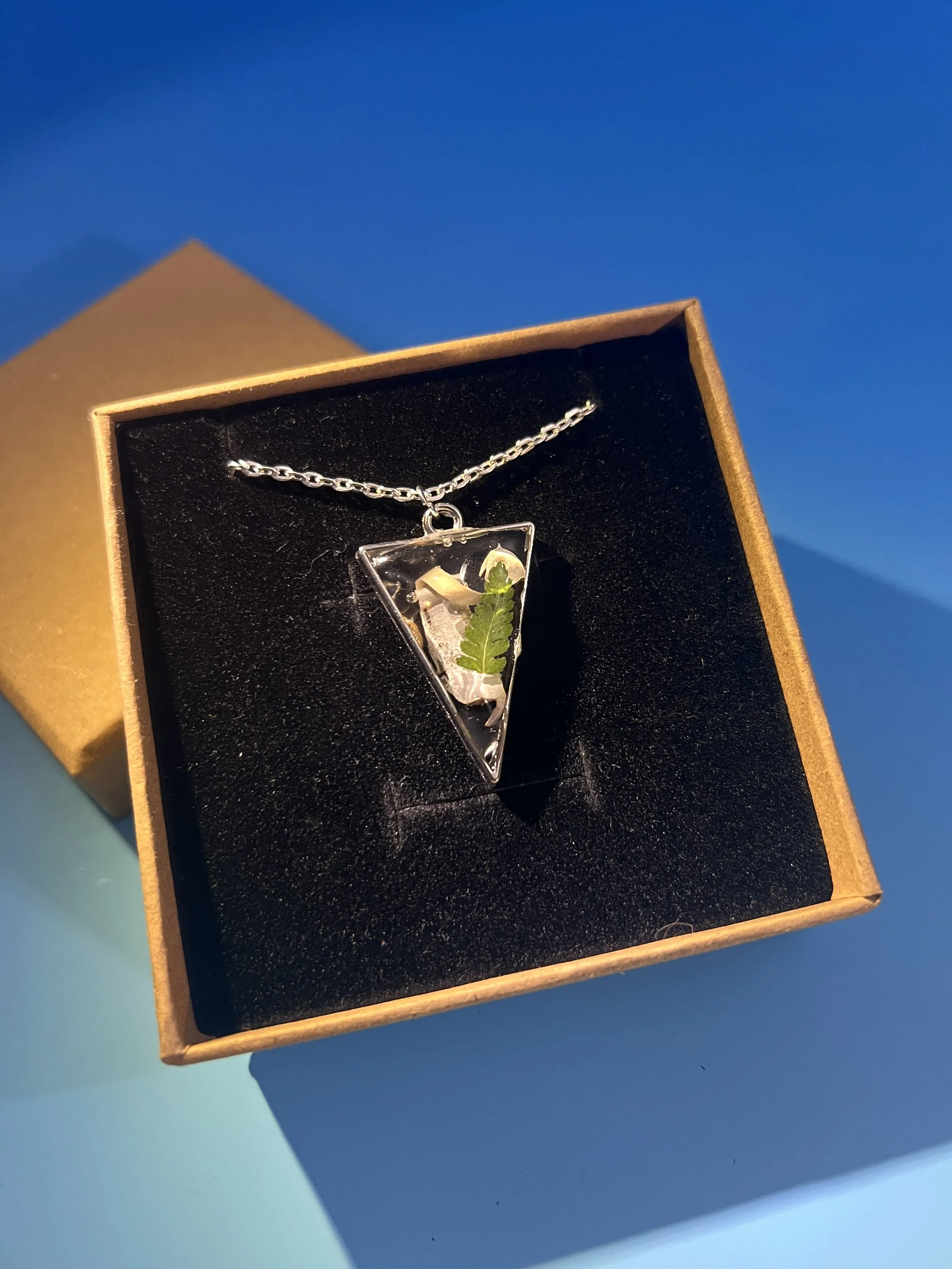 Birch Bark and Fern Necklace, Handcrafted Real Nature Pendant
