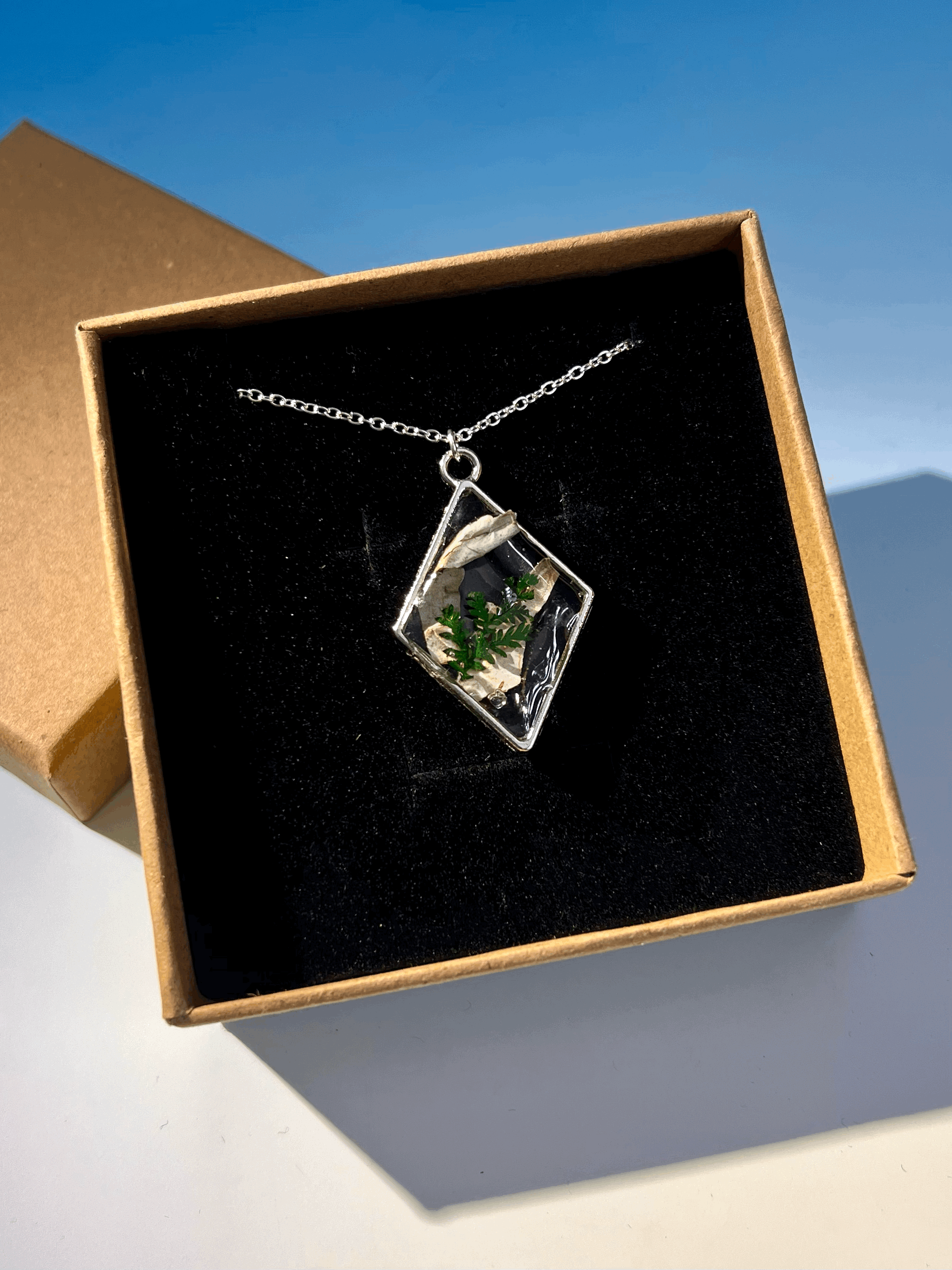 Birch Bark Necklace with Fern, Handcrafted Real Nature Pendant