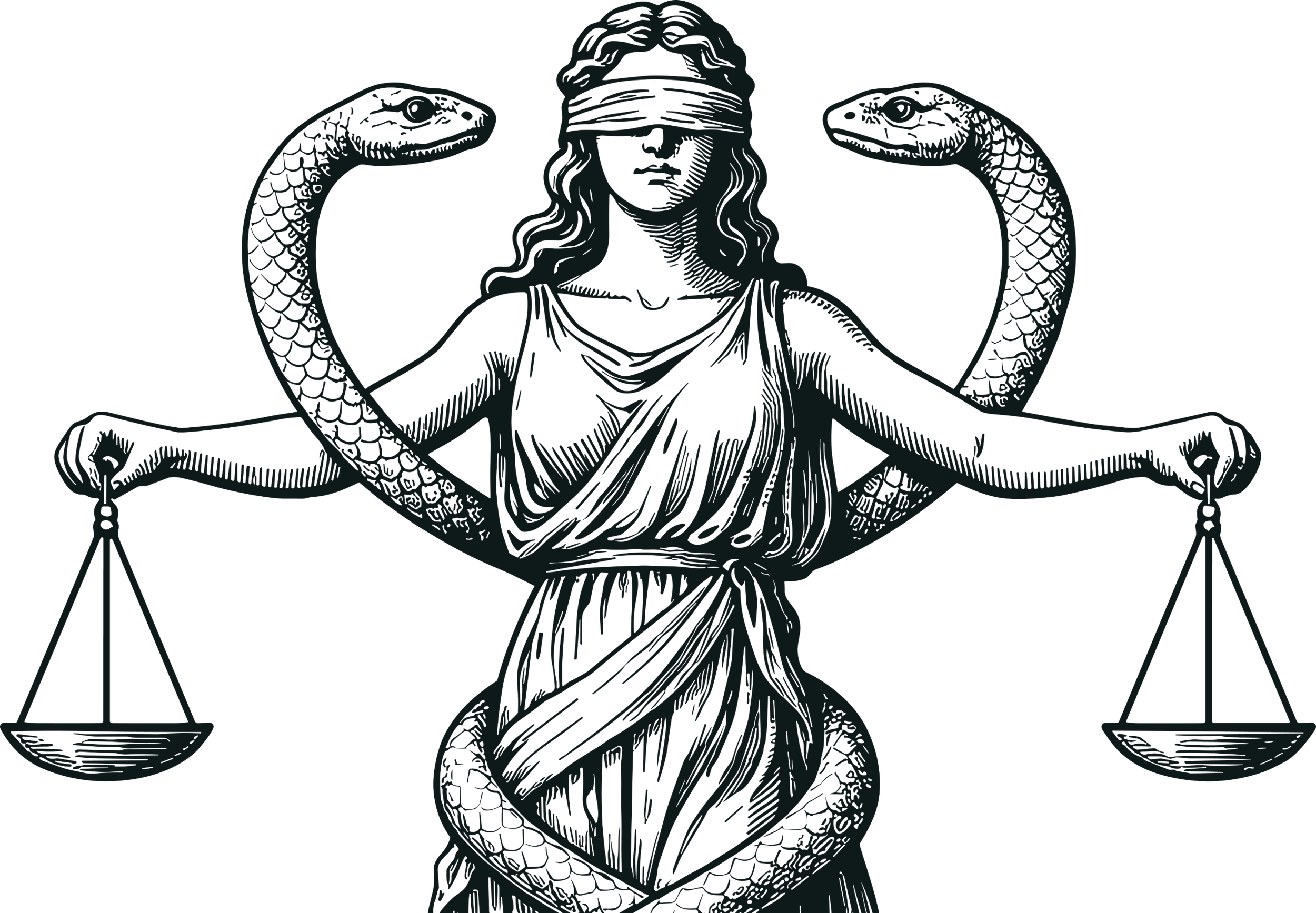 Drawing of Lady Justice with a blindfold, holding scales and a sword.