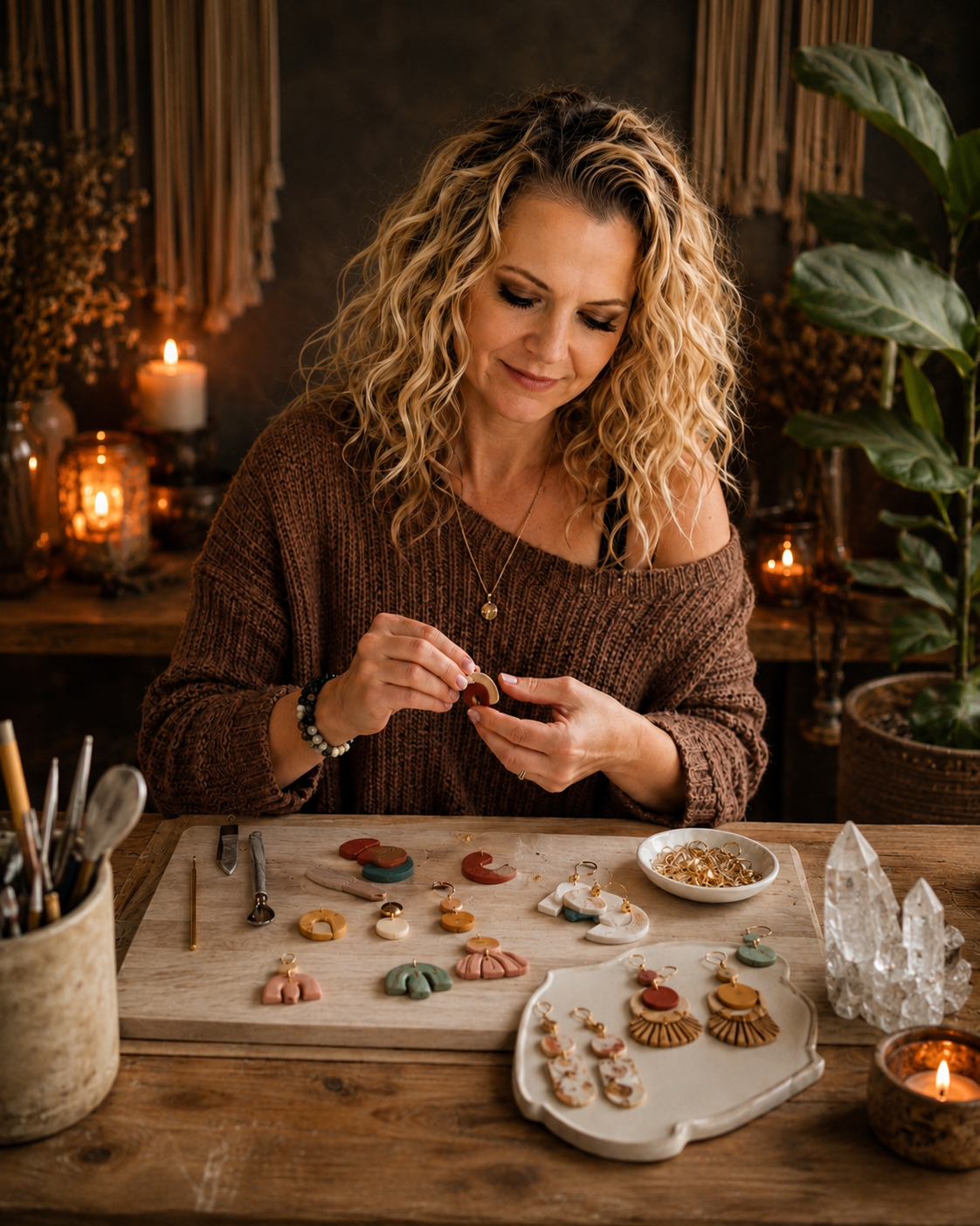 Bloom & Bone founder Shannon Roberts handcrafting polymer clay earrings in her studio.