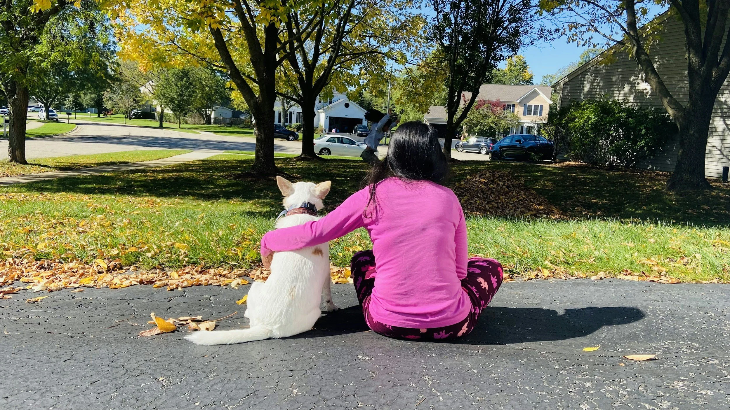 A woman with long black hair in a pink long-sleeve shirt and pink patterned pants sitting on the grass next to a white dog, both facing away from the camera, overlooking a suburban neighborhood with trees and houses, on a sunny fall day.