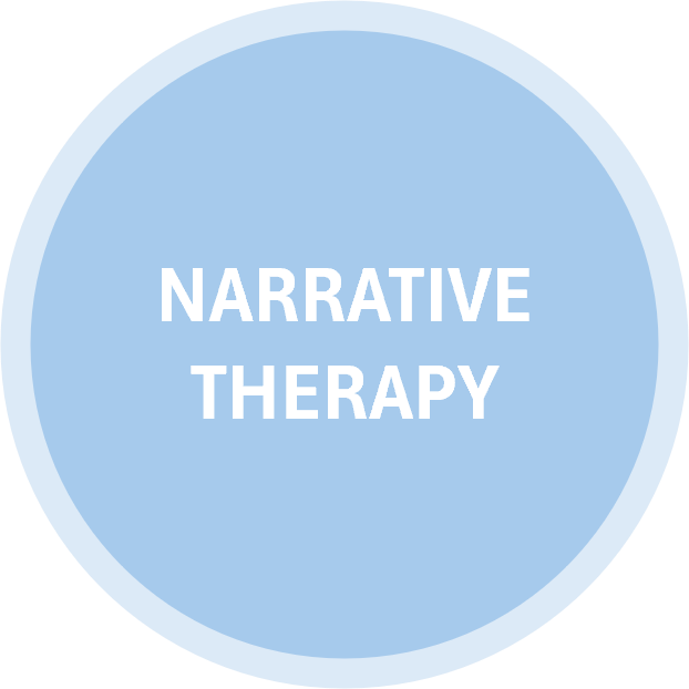 Blue circular badge with the words 'Narrative Therapy' in white text