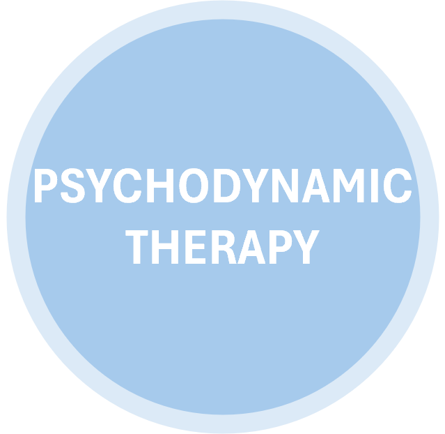 Light blue circle with white border and the words "Psychodynamic Therapy" in white capital letters.