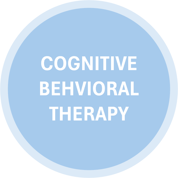 Blue circular badge with white text reading "Cognitive Behavioral Therapy".