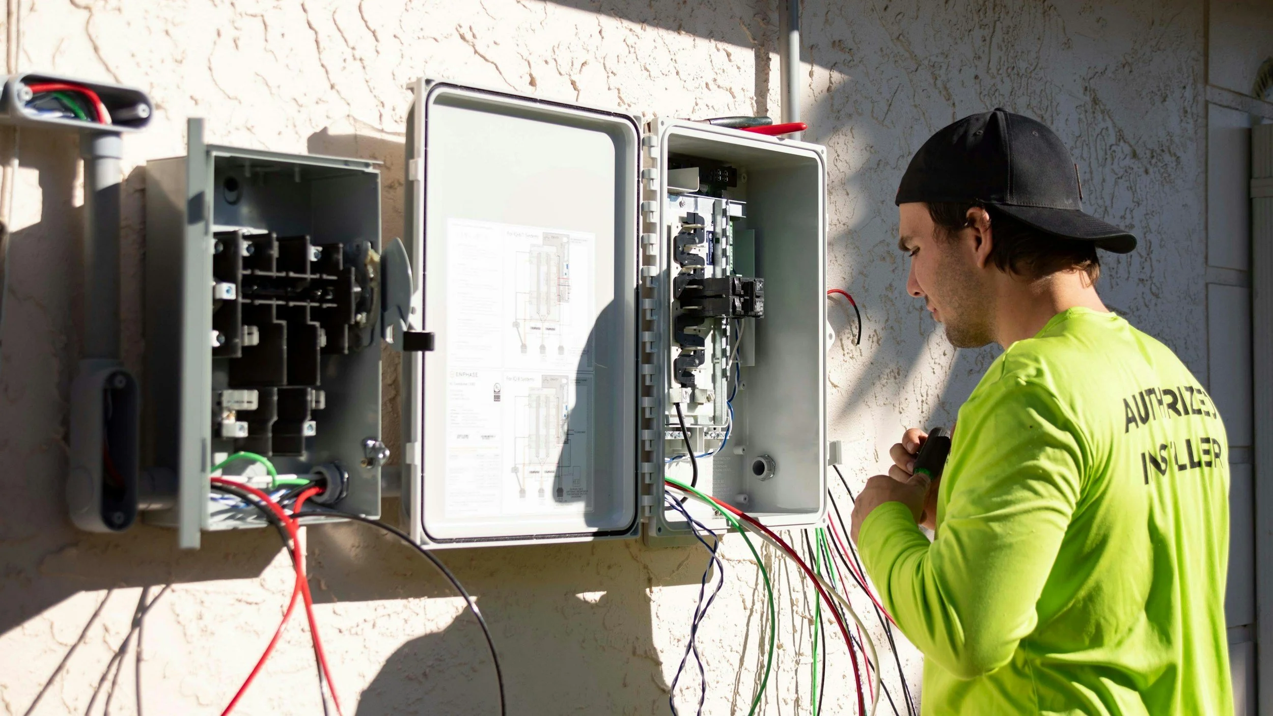 A technician in a bright yellow shirt and black cap working on an outdoor electrical panel with wires connected inside.