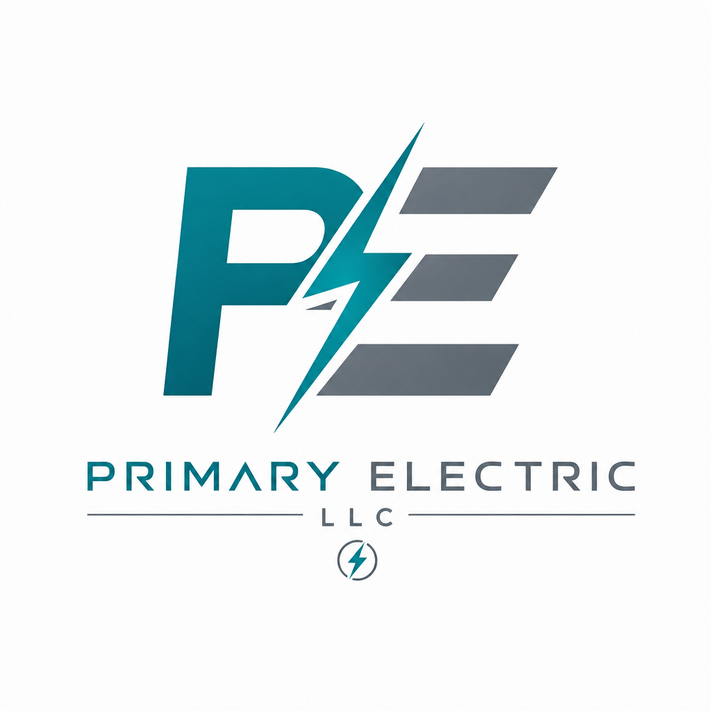 Logo for Primary Electric LLC featuring a stylized 'P' with a lightning bolt and three horizontal lines, in blue and gray colors.