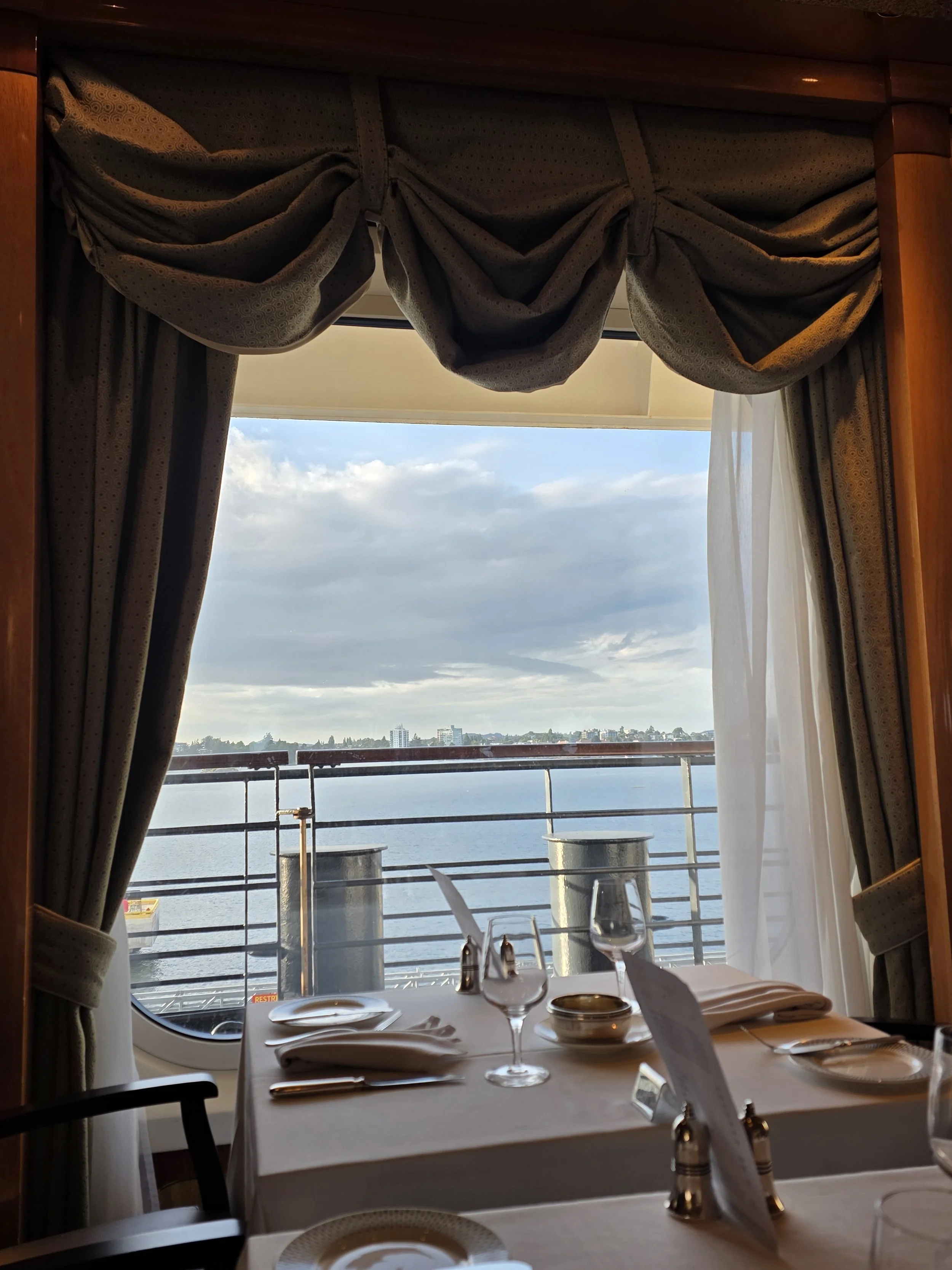 Britannia Restaurant window view, Queen Elizabeth, Cunard Line
