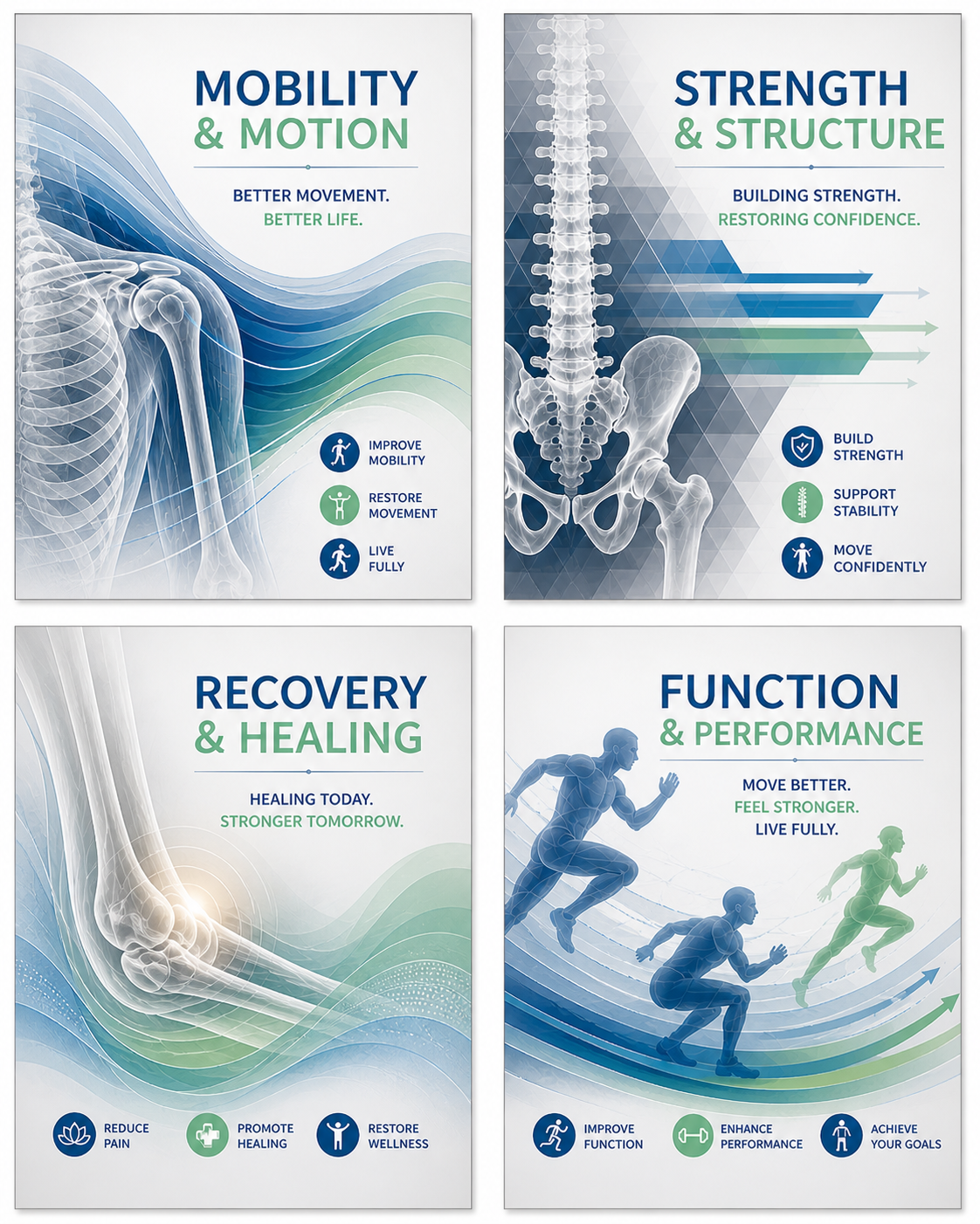 Four infographic posters about health and wellness, covering topics: 1. Mobility and Motion, highlighting improve mobility, restore movement, live fully; 2. Strength and Structure, building strength, support stability, move confidently; 3. Recovery and Healing, reduce pain, promote healing, restore wellness; 4. Function and Performance, improve function, enhance performance, achieve goals.
