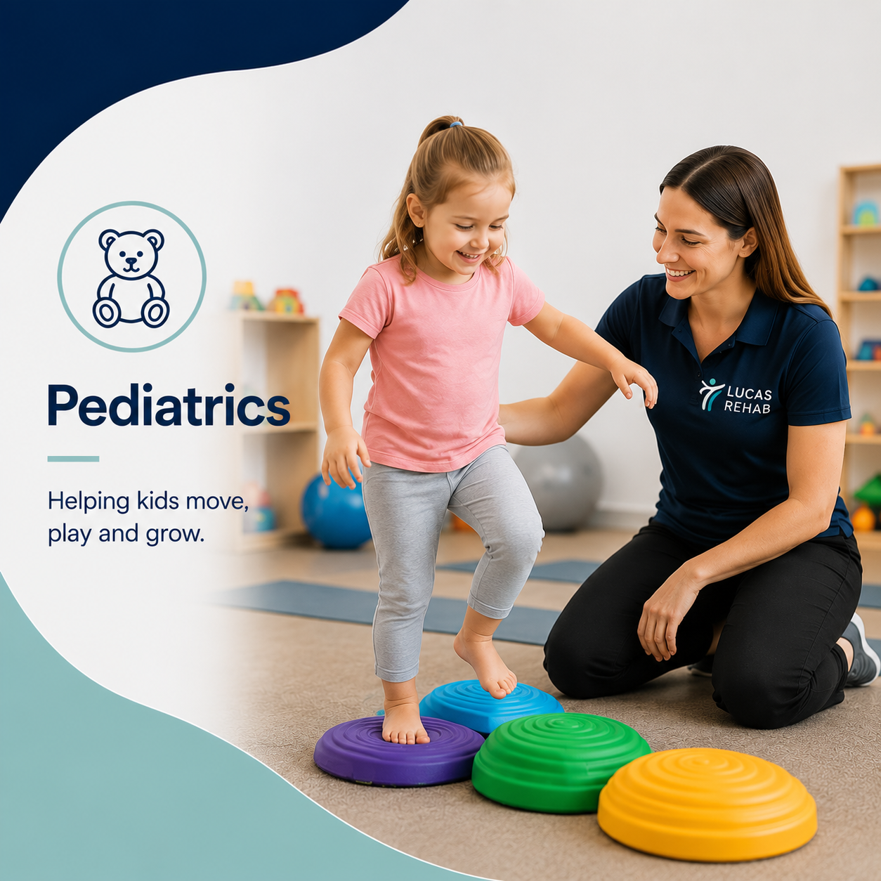 A young girl balancing on colorful stepping stones with a pediatric therapist assisting her in a therapy room.