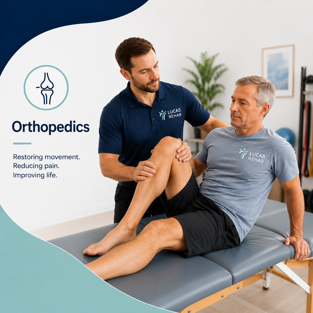 A physical therapist at Lucas Rehab assists an older male patient with knee mobility exercises in a treatment room. The room has a plant, framed art, and resistance bands in the background. The therapist wears a navy polo, and the patient is in a gray T-shirt and black shorts.