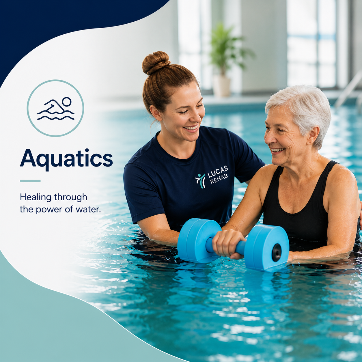 An elderly woman receiving aquatic therapy from a rehabilitation therapist in a swimming pool. The scene promotes water-based healing.