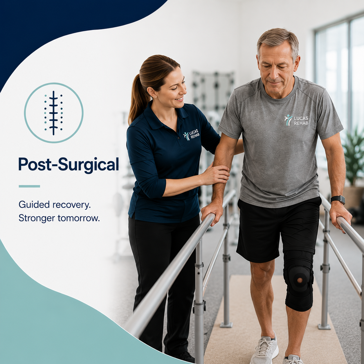 A physical therapist helping a male patient with a knee injury during post-surgical rehabilitation at a rehab center. The patient is walking with assistance on parallel bars, wearing a knee brace, while the therapist provides support and encouragement in a bright, modern facility.