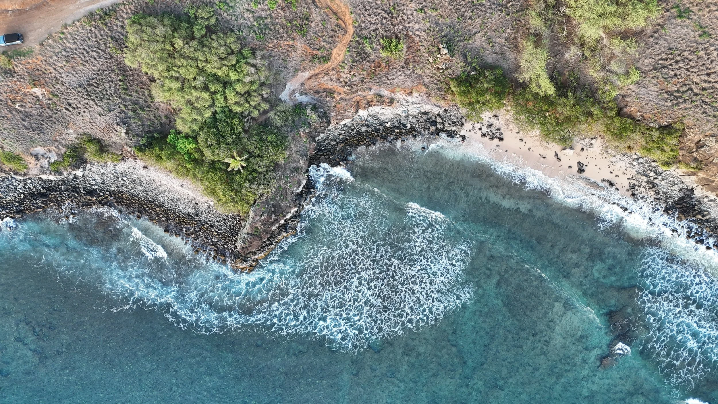An aerial view of a rocky coastline with the ocean, a sandy beach, dense green trees, and a parked vehicle on a dirt road.