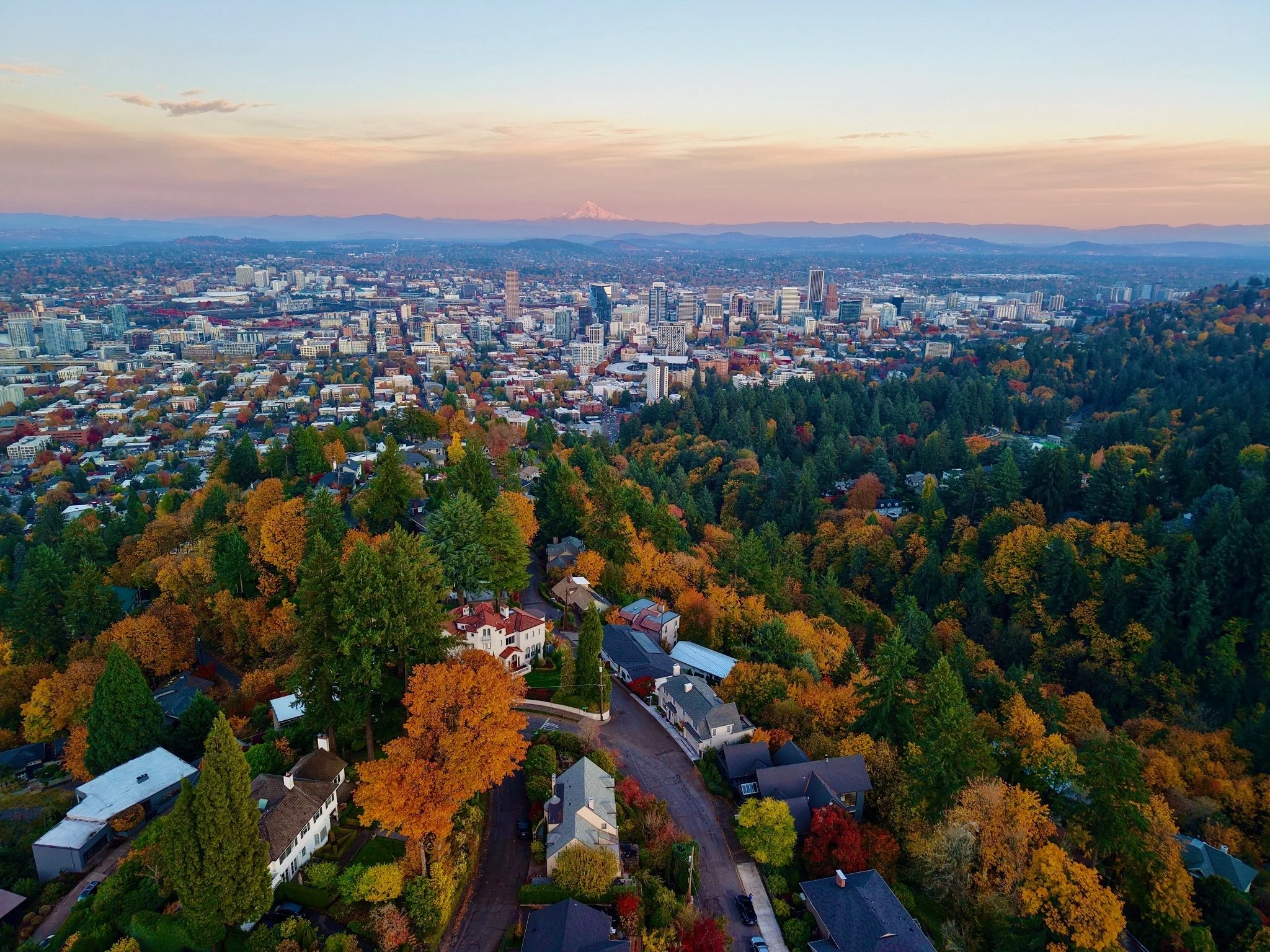 An aerial view of a city with numerous buildings and homes, surrounded by trees with autumn-colored foliage. In the background, there are mountain ranges and a distant snow-capped mountain under a pastel-colored sky.