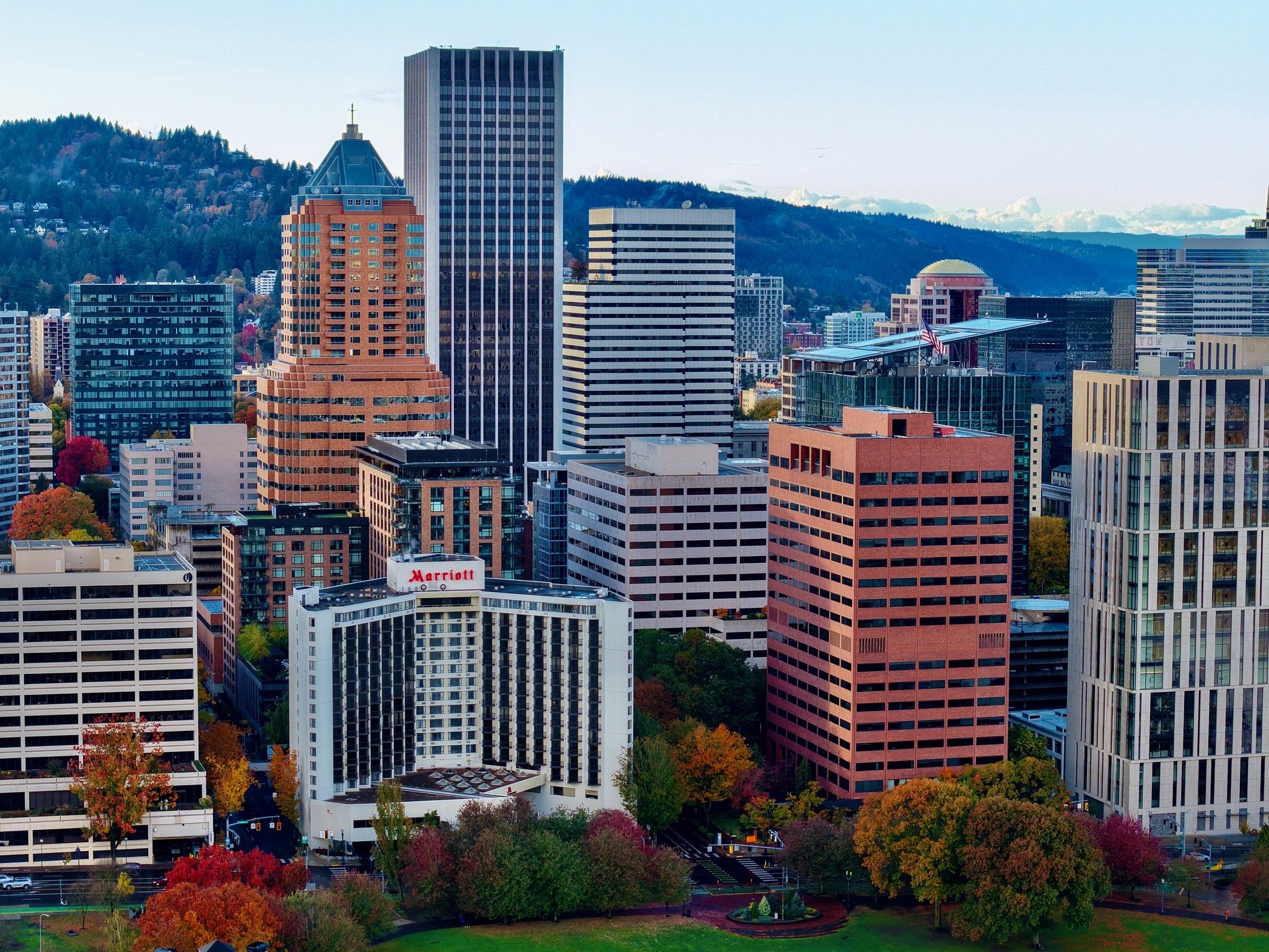A city skyline with high-rise buildings, including a tall black skyscraper, a reddish-brick building with a blue roof, and various modern office buildings, with a green hill in the background. The foreground has trees with red, orange, and yellow aut