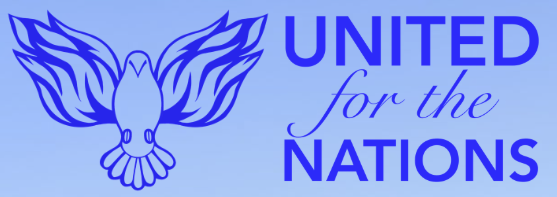 Blue illustration of a dove with outstretched wings next to the text 'United for the Nations' in blue and purple