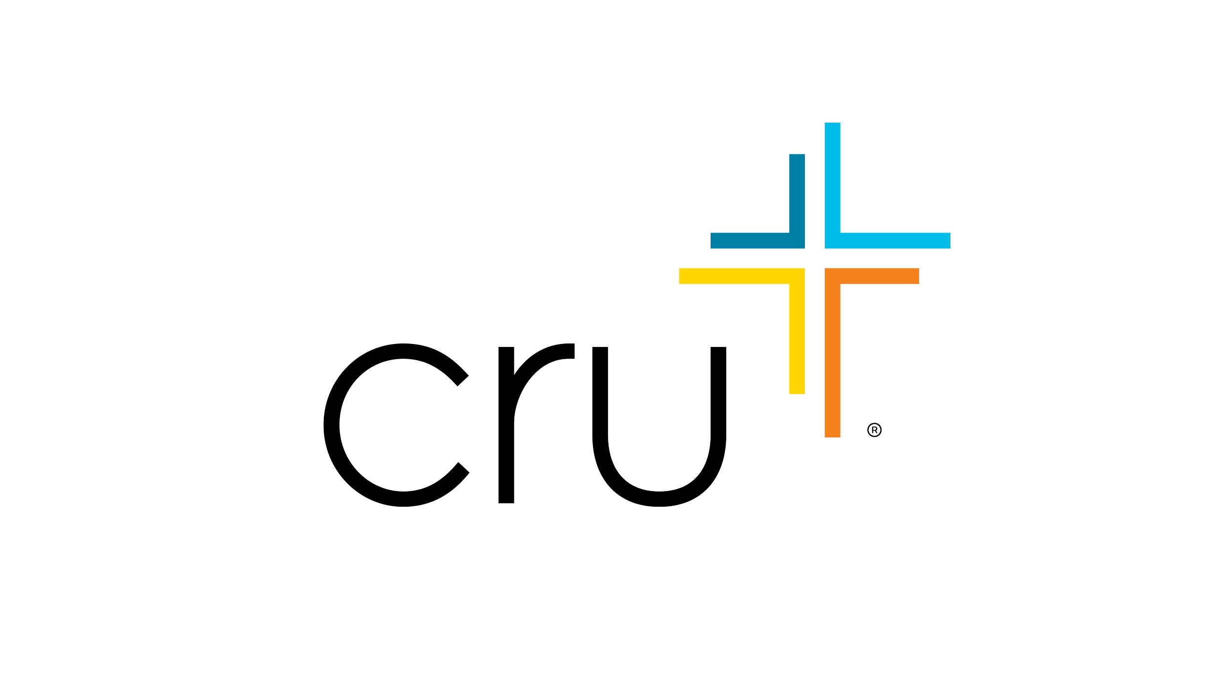 Colorful logo with the word 'cru' in lowercase letters and a four-color plus sign symbol above it, with blue, yellow, orange, and black colors.