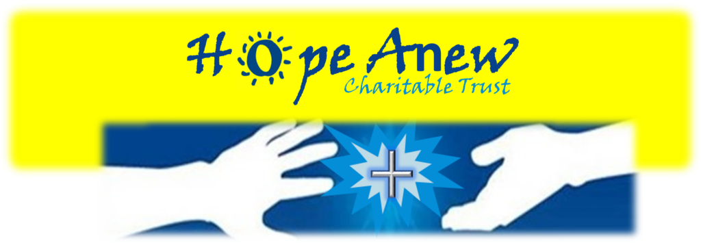 Logo for Hope Anew Charitable Trust featuring two hands reaching toward each other with a shining cross between them on a blue background, with a yellow border at the top.