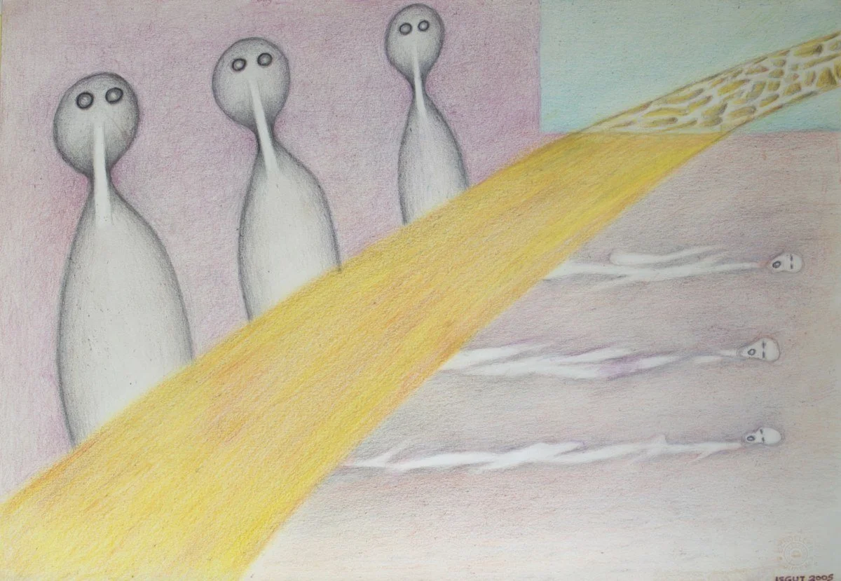 A surreal drawing features three alien-like figures in the background, with elongated bodies and large eyes. A yellow, textured path or beam is shown cutting across the scene diagonally. In the foreground, there are three small white humanoid figures lying on the ground with their heads turned to the side.