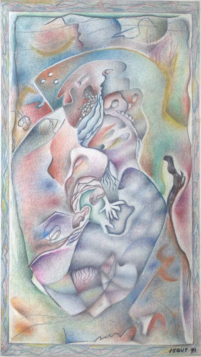 Colorful abstract artwork with distorted human faces, flowing lines, and soft pastel hues.