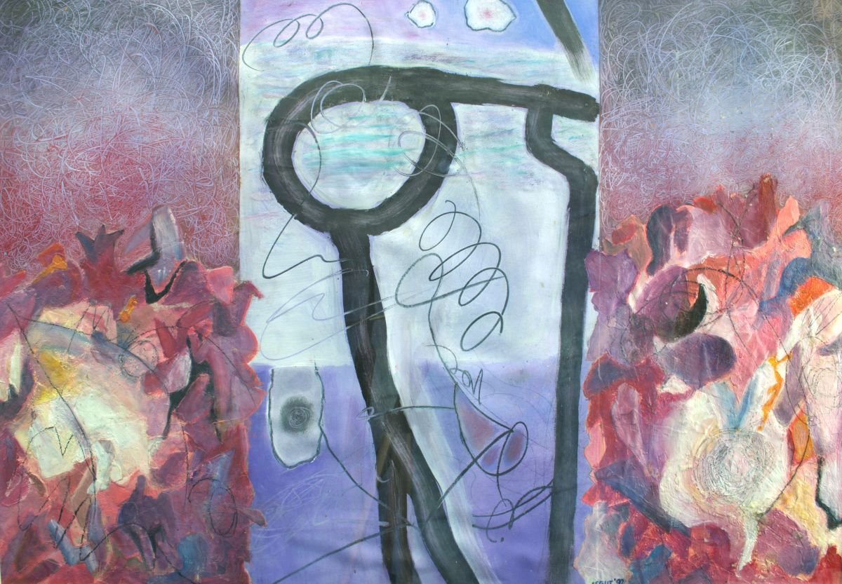 Abstract painting featuring a black line resembling a key or figure in the center, surrounded by colorful textured areas with pink, purple, and red hues, and scribbled lines throughout.