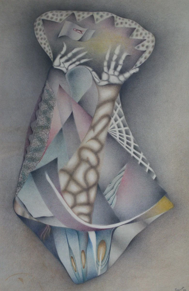 Abstract painting featuring geometric shapes, skeleton hands, and smooth gradient colors.