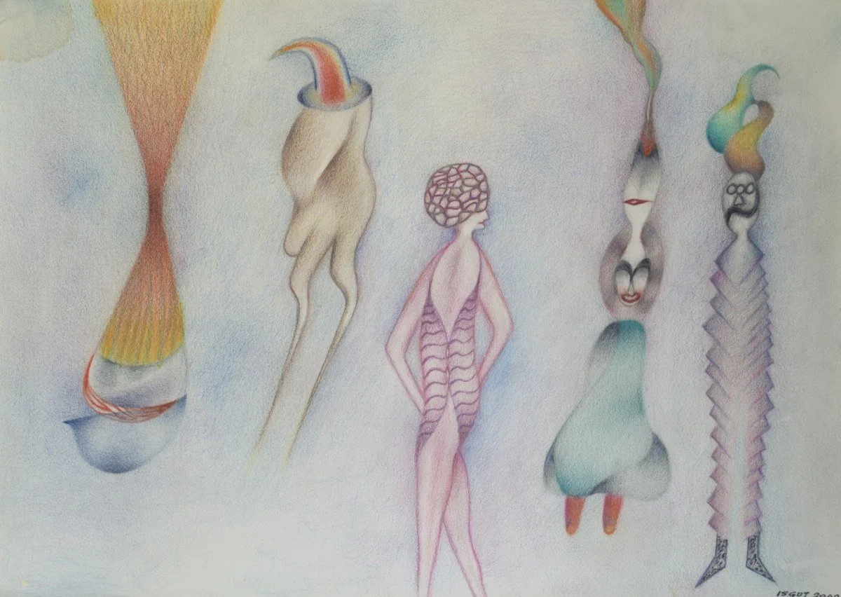Abstract surrealist watercolor painting with five humanoid figures and varied features, including elongated limbs, distorted faces, patterned body armor, colorful hair, and various abstract shapes.