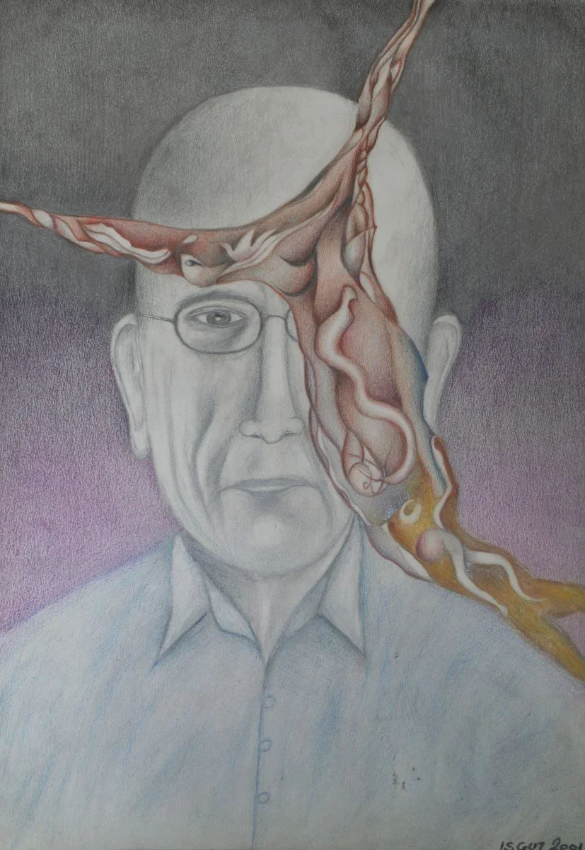 A drawing of an older man wearing glasses, with a somber expression, and an abstract, organic shape partially covering his face, set against a gradient background transitioning from purple to gray.