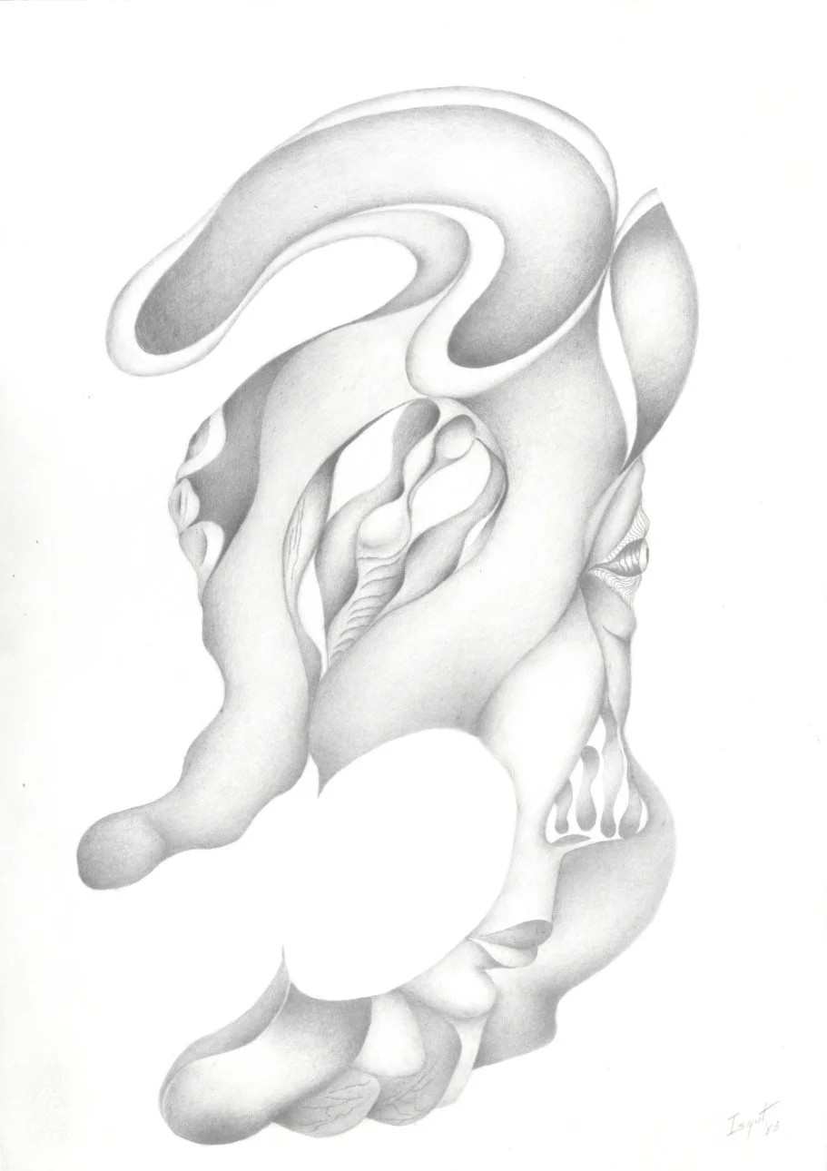 A detailed pencil sketch of a human face intertwined with abstract shapes and forms, creating a surreal and artistic composition.