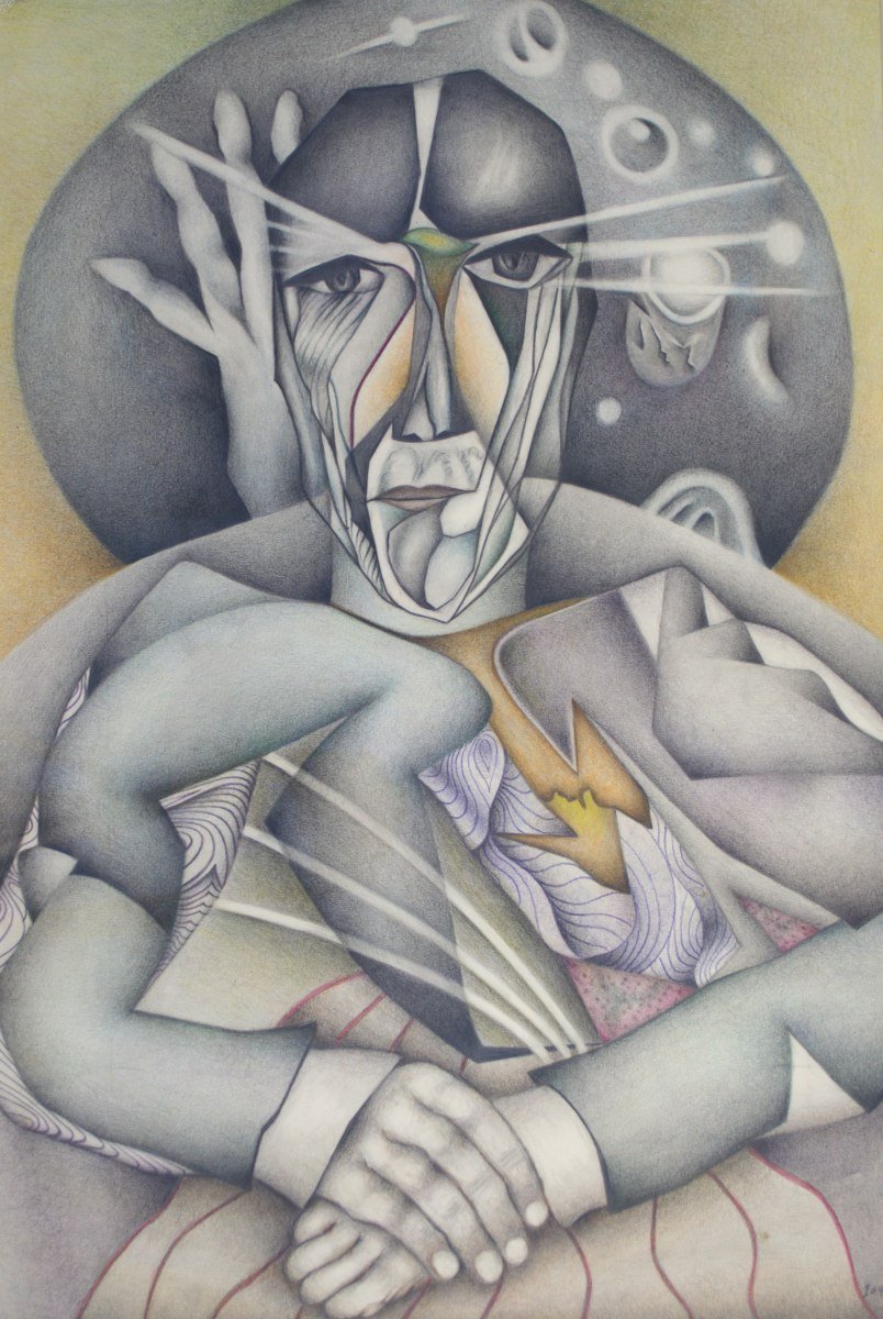 Abstract artwork depicting a stylized human face with an intense expression, using geometric shapes and lines, with a background featuring celestial elements like planets and stars.