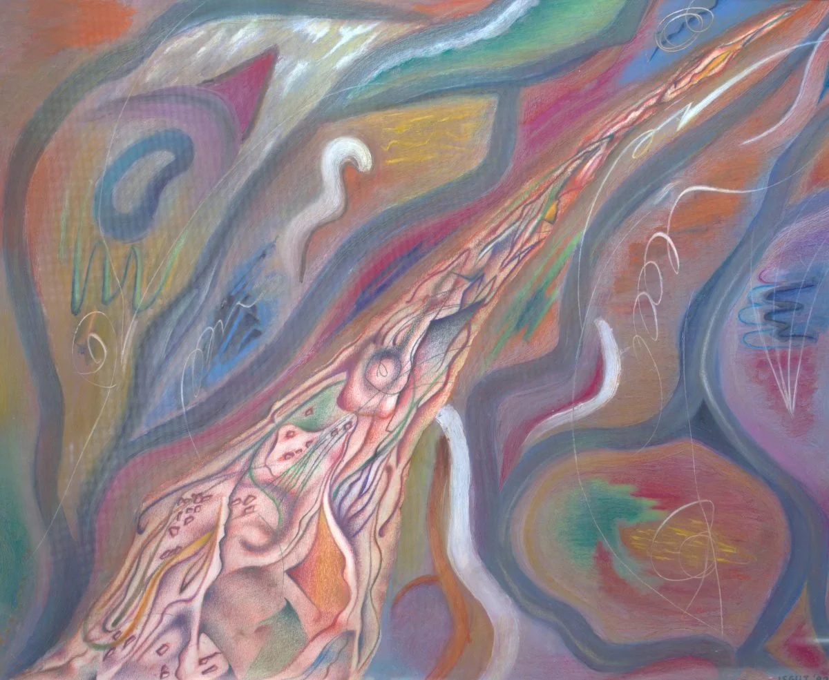 An abstract painting with flowing colorful shapes and lines, including human-like faces and organic patterns.